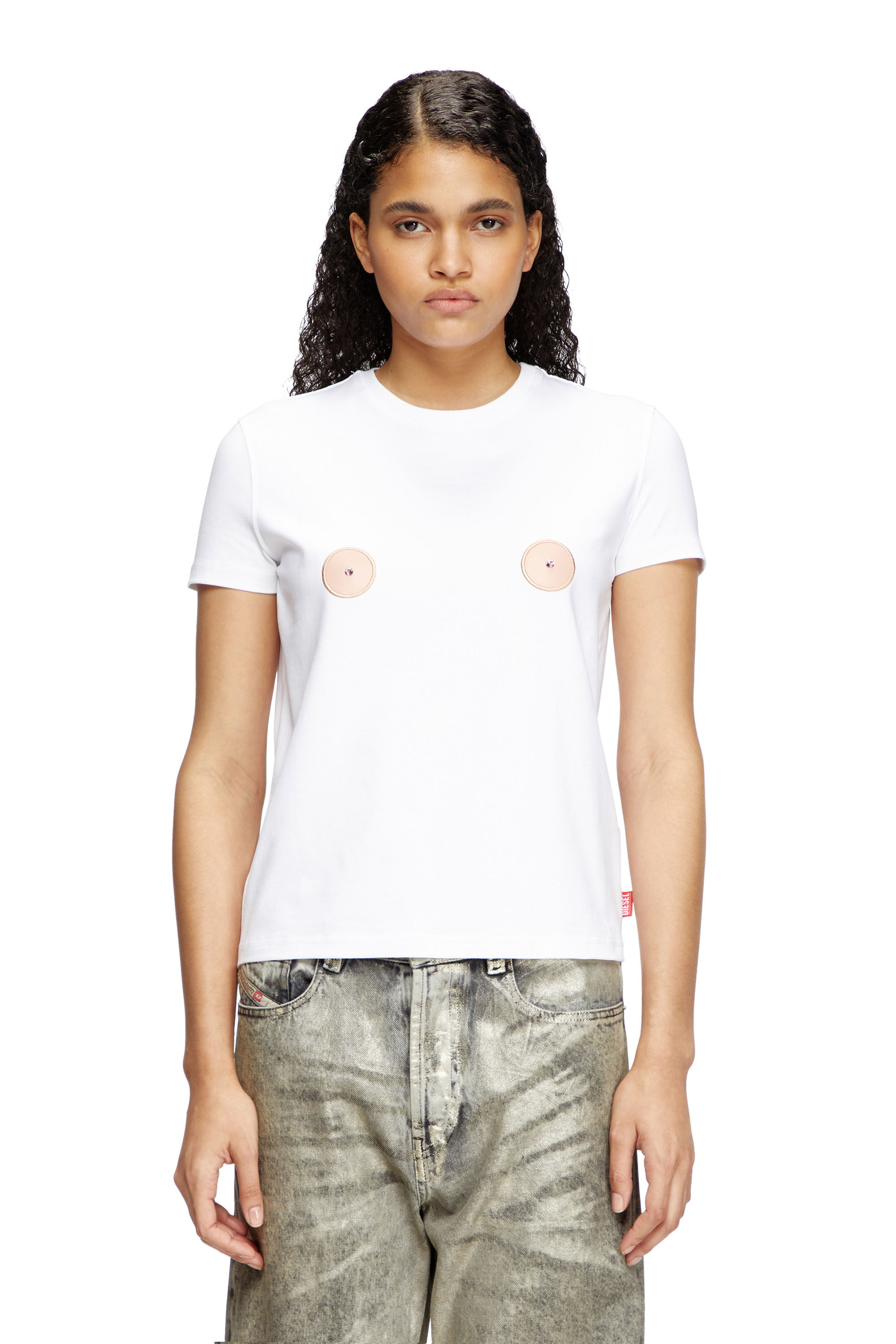 Diesel - T-SLAX-Q1, Damen T-Shirt mit Patches in Brustwarzen-Optik in Weiß - 3