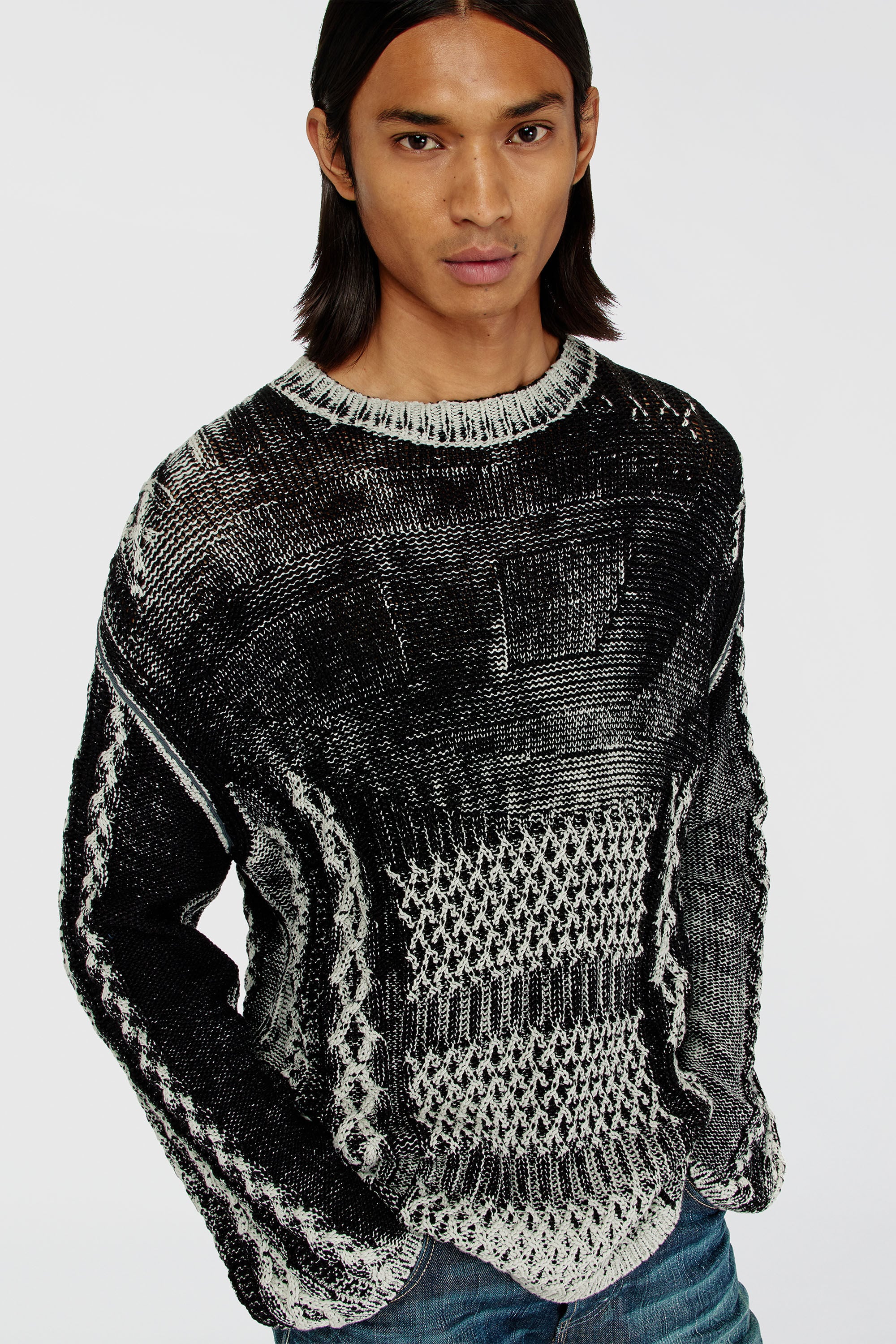 Diesel - K-MIONE, Herren Treated cable-knit Pullover in Grau/Schwarz - 5