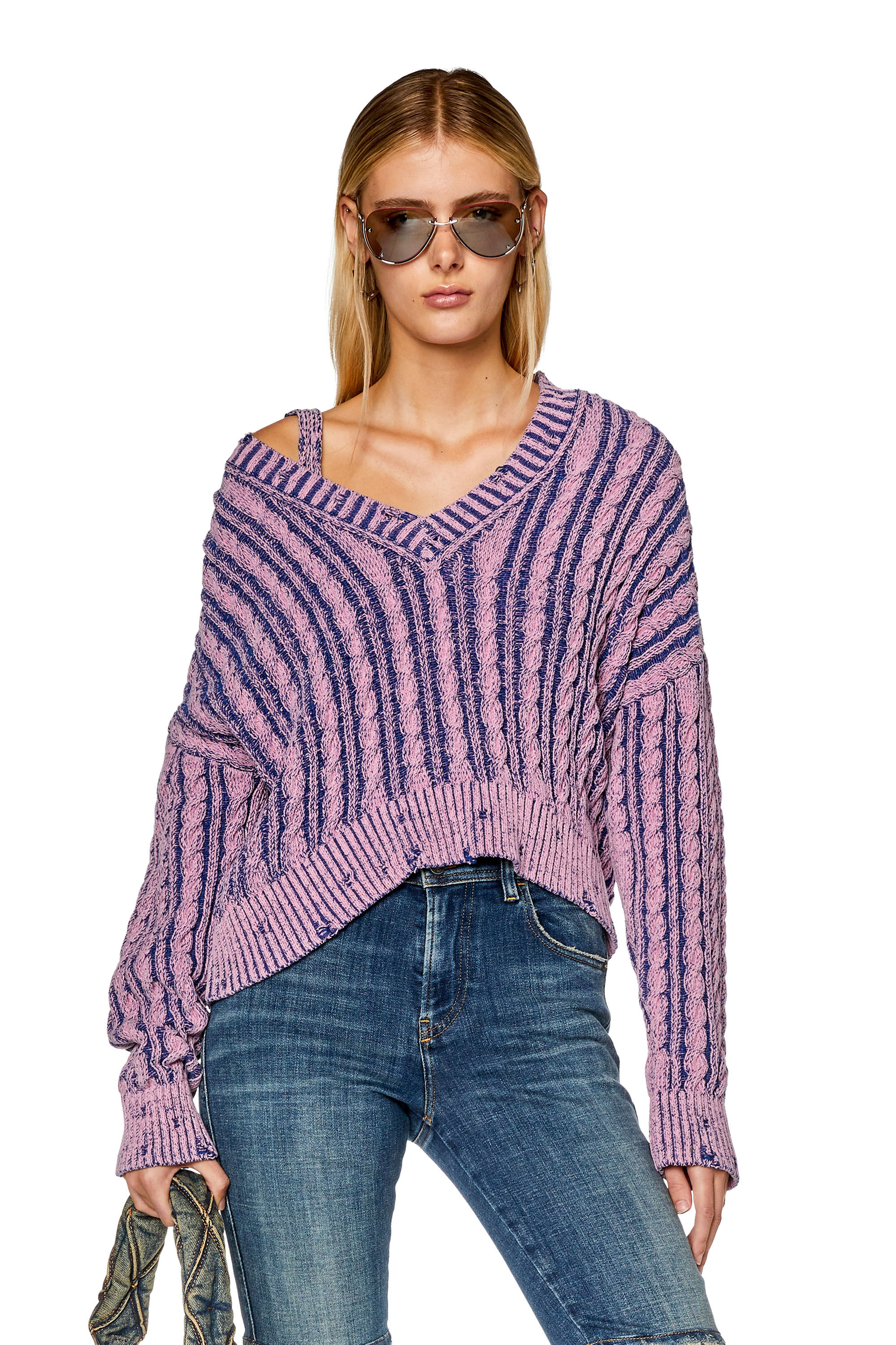 Diesel - M-OXIA, Damen Grobstrickpullover aus zweifarbiger Baumwolle in Lila - 3