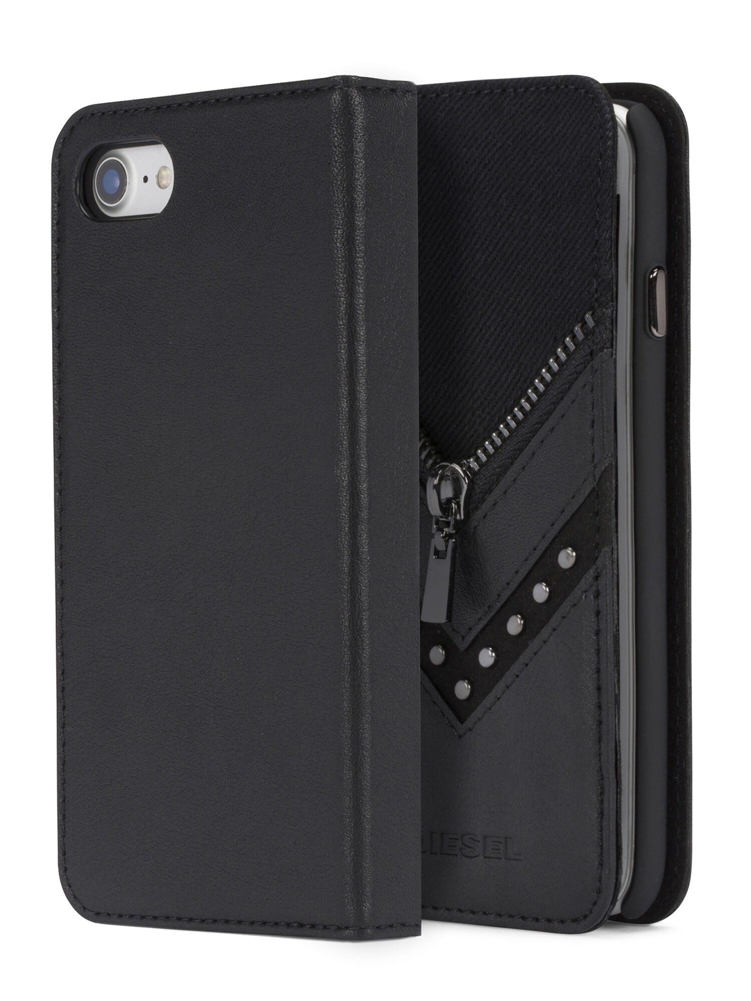 BLACK DENIM/STUD/ZIPPER IPHONE 8 PLUS/7 PLUS  FOLIO, 