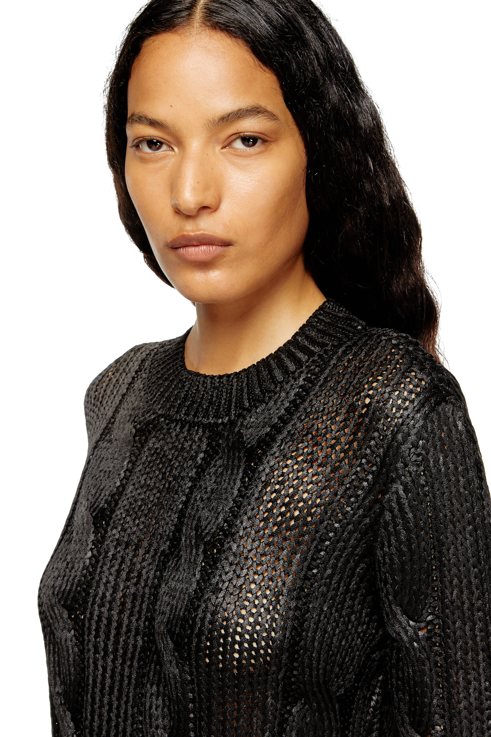 Diesel - M-MICCHA, Damen Pullover mit Zopf-Muster und Glanzeffekt in Schwarz - 5