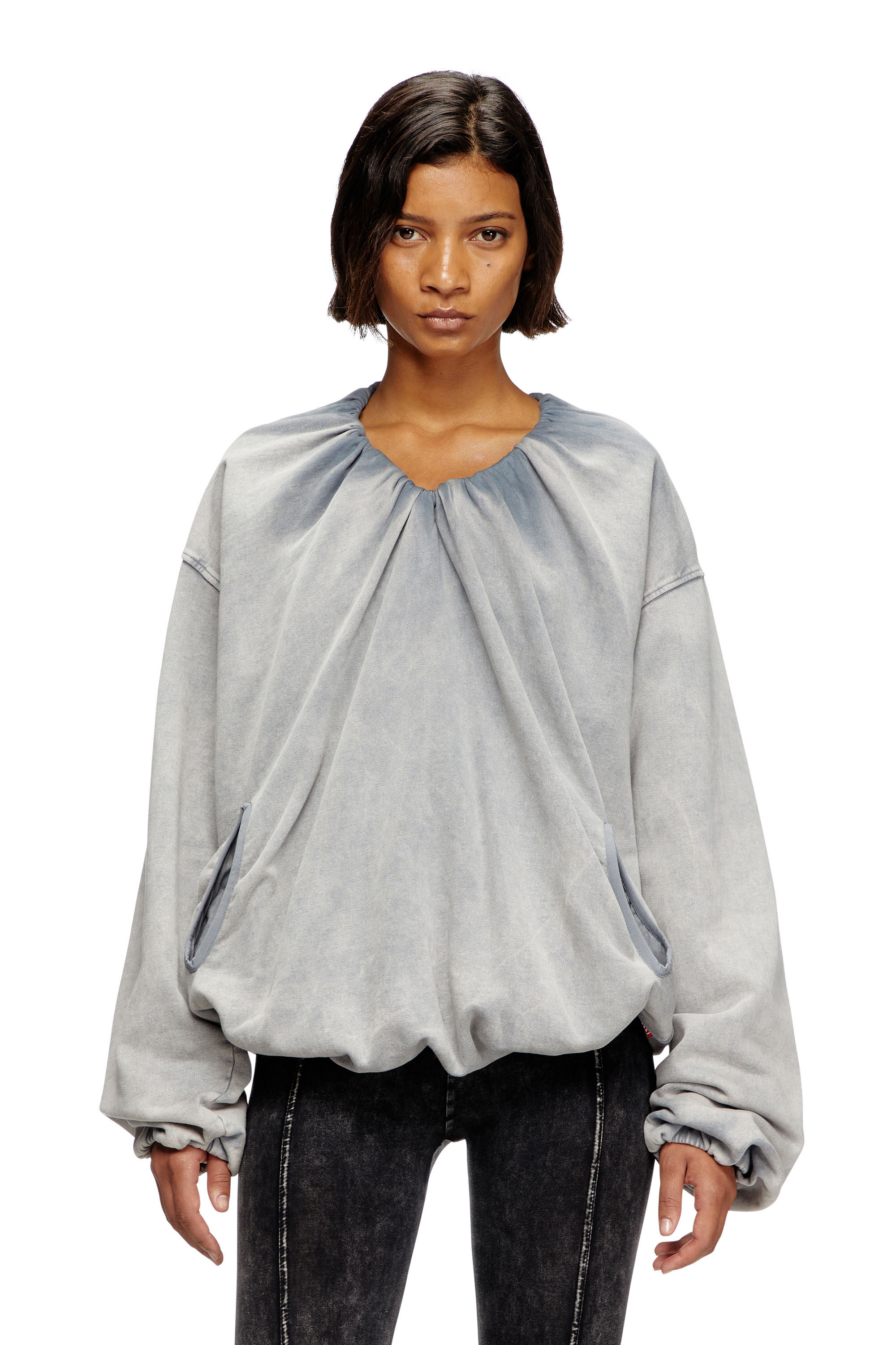 Diesel - F-INDY, Damen Gerafftes Sweatshirt mit gebleichtem Effekt in Hellgrau - 3