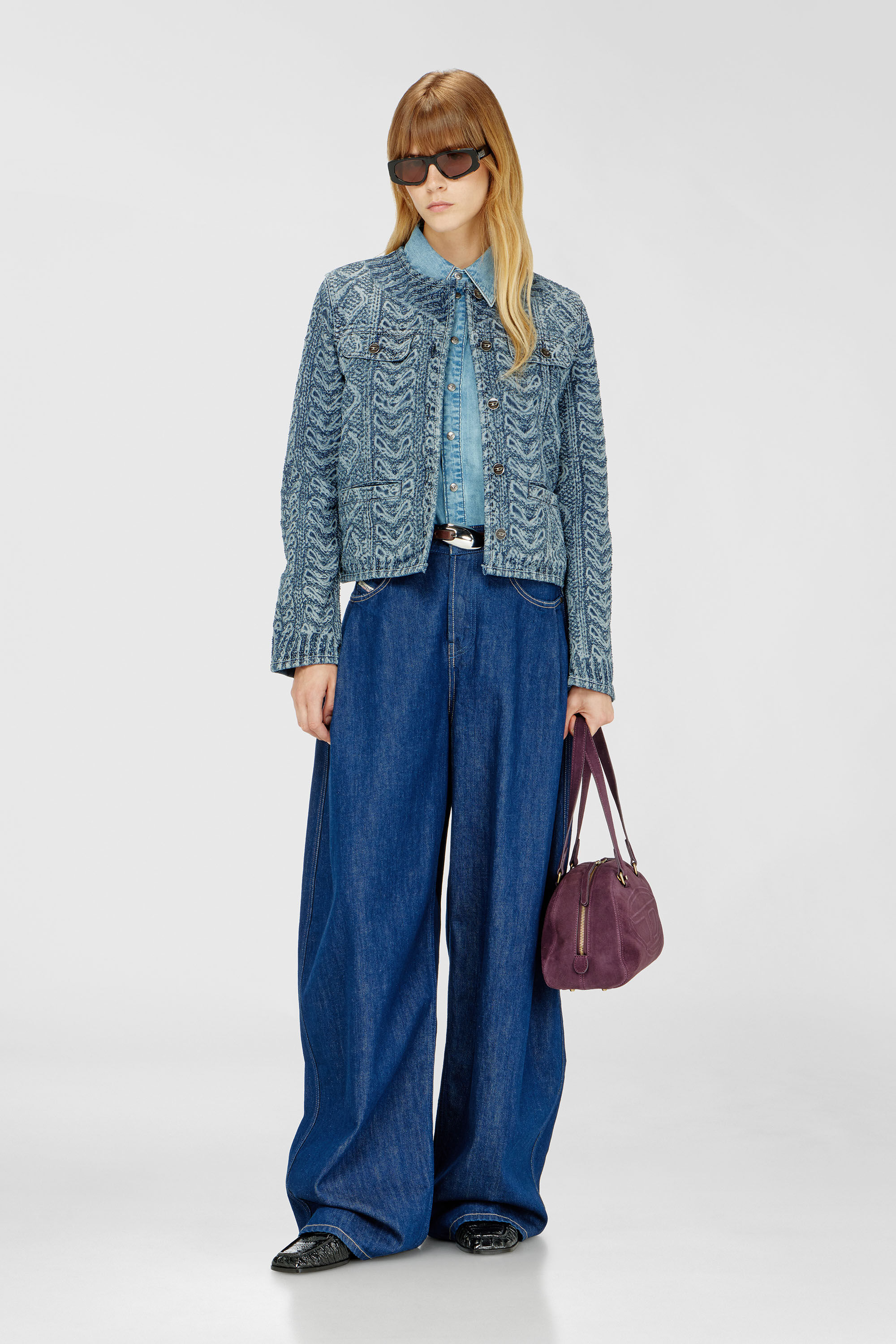 Diesel - DE-GRAFY-S2, Damen Kragenlose Jacke aus Denim mit Zopfmuster-Effekt in Mittelblau - 1
