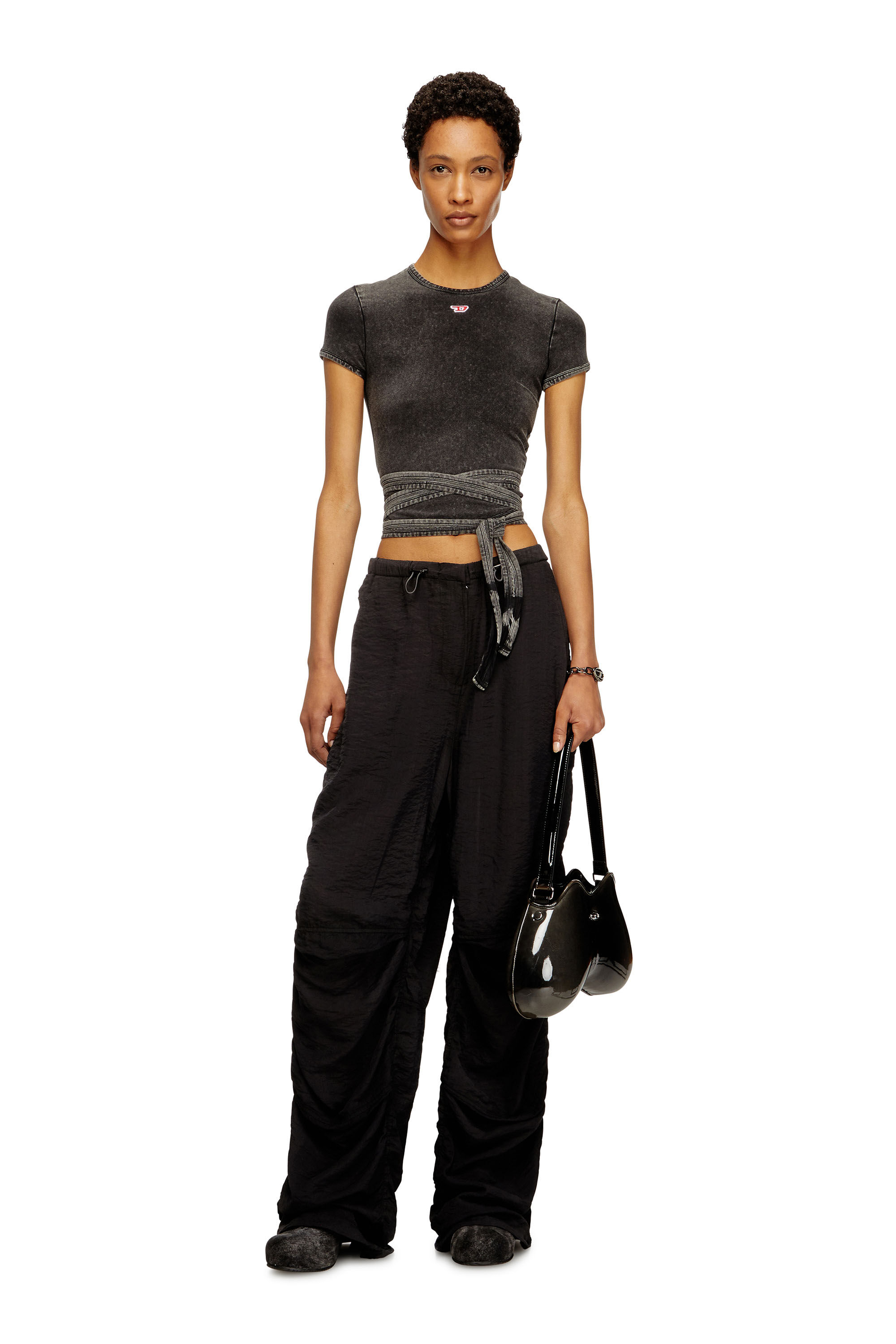 Diesel - T-BUNNY-TAIL-R1, Damen T-Shirt in Denim-Optik mit Wickelbändern in Schwarz - 1