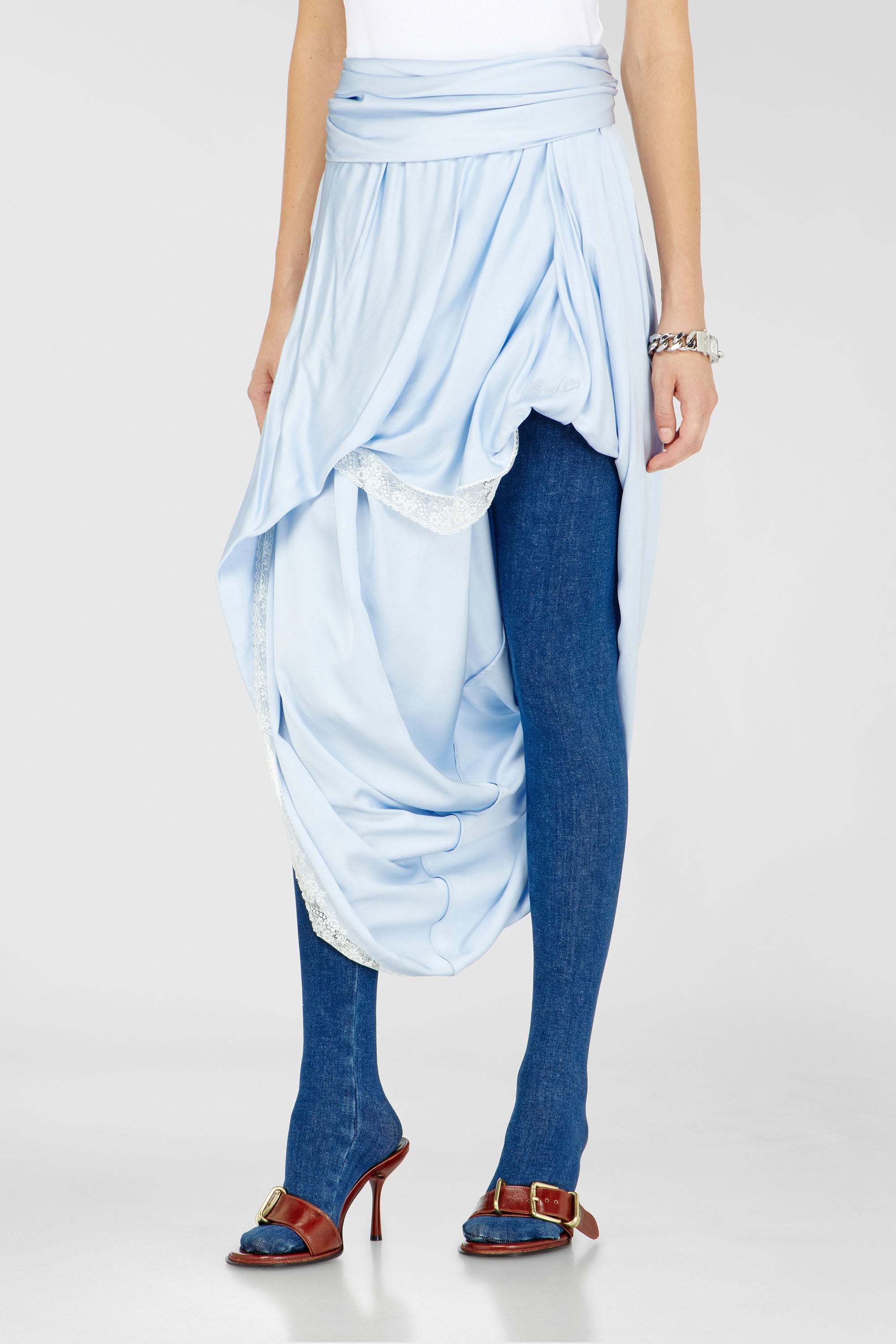 Diesel - O-WANDA, Damen Midirock aus Satin mit Spitzenbesatz in Hellblau - 3