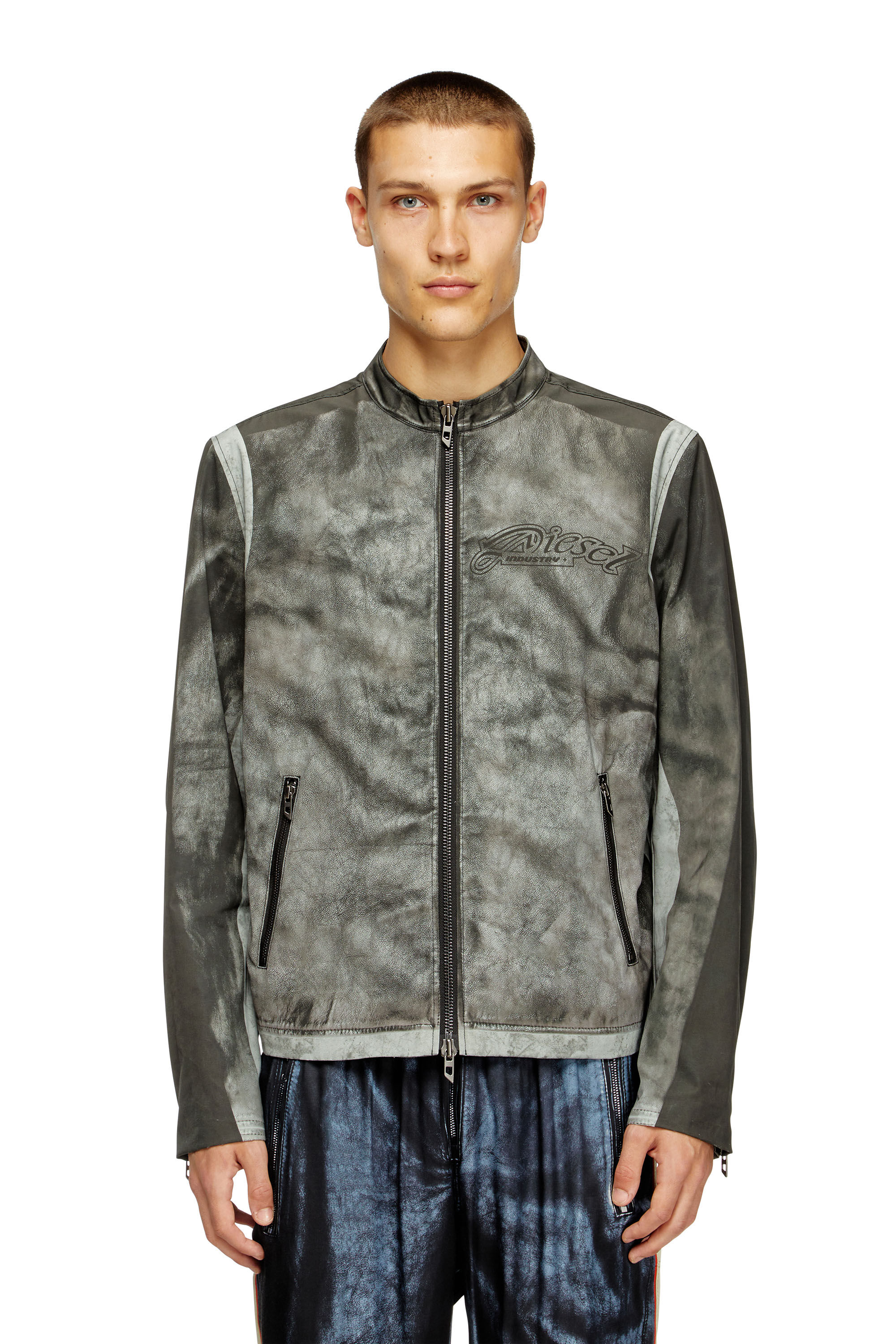 Diesel - J-EVERT, Herren Bikerjacke aus bedrucktem Canvas in Dunkelgrau - 3