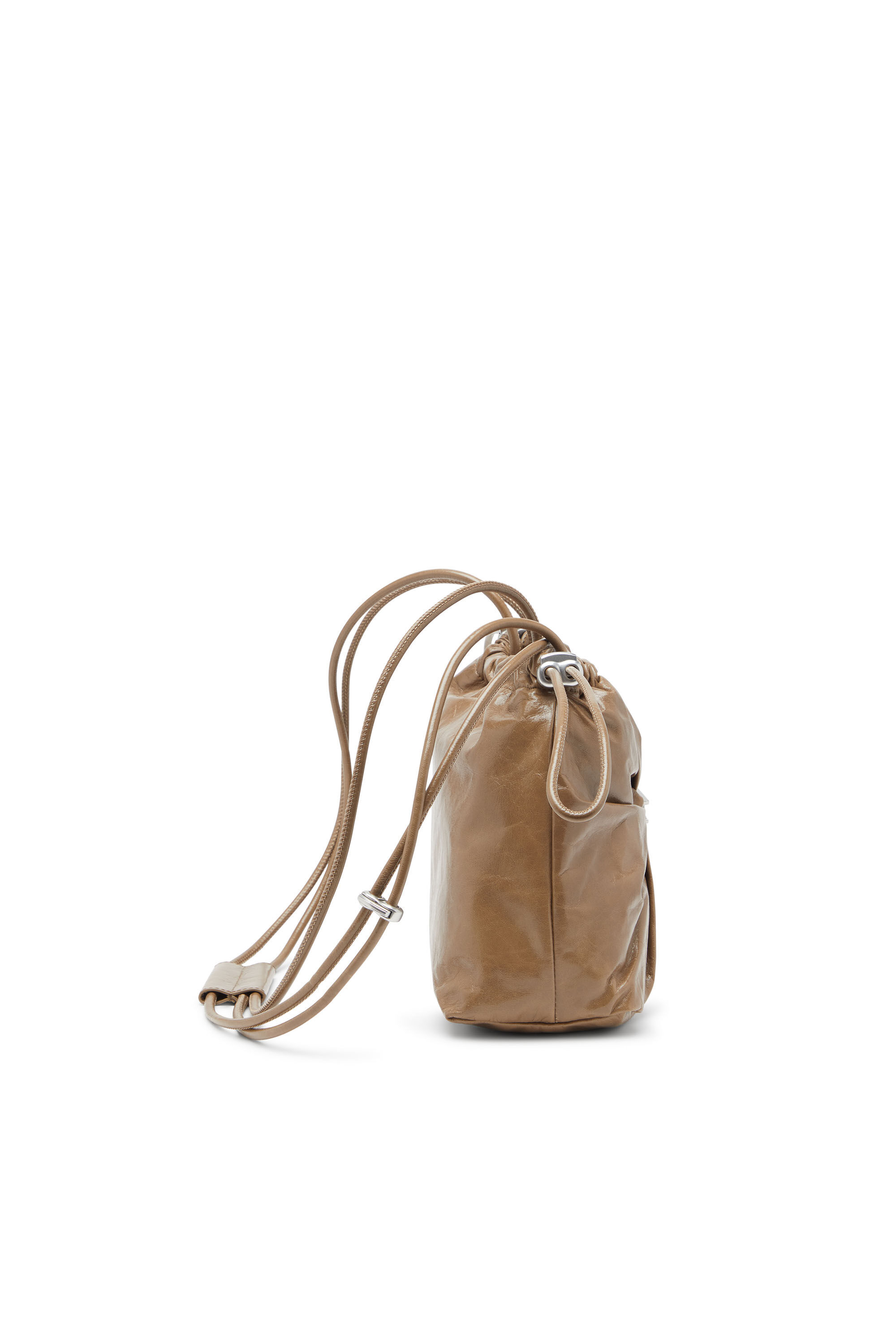 Diesel - SCRUNCH-D BUCKET, Damen Scrunch-D-Beuteltasche aus glänzendem zerknittertem Leder in Hellbraun - 4