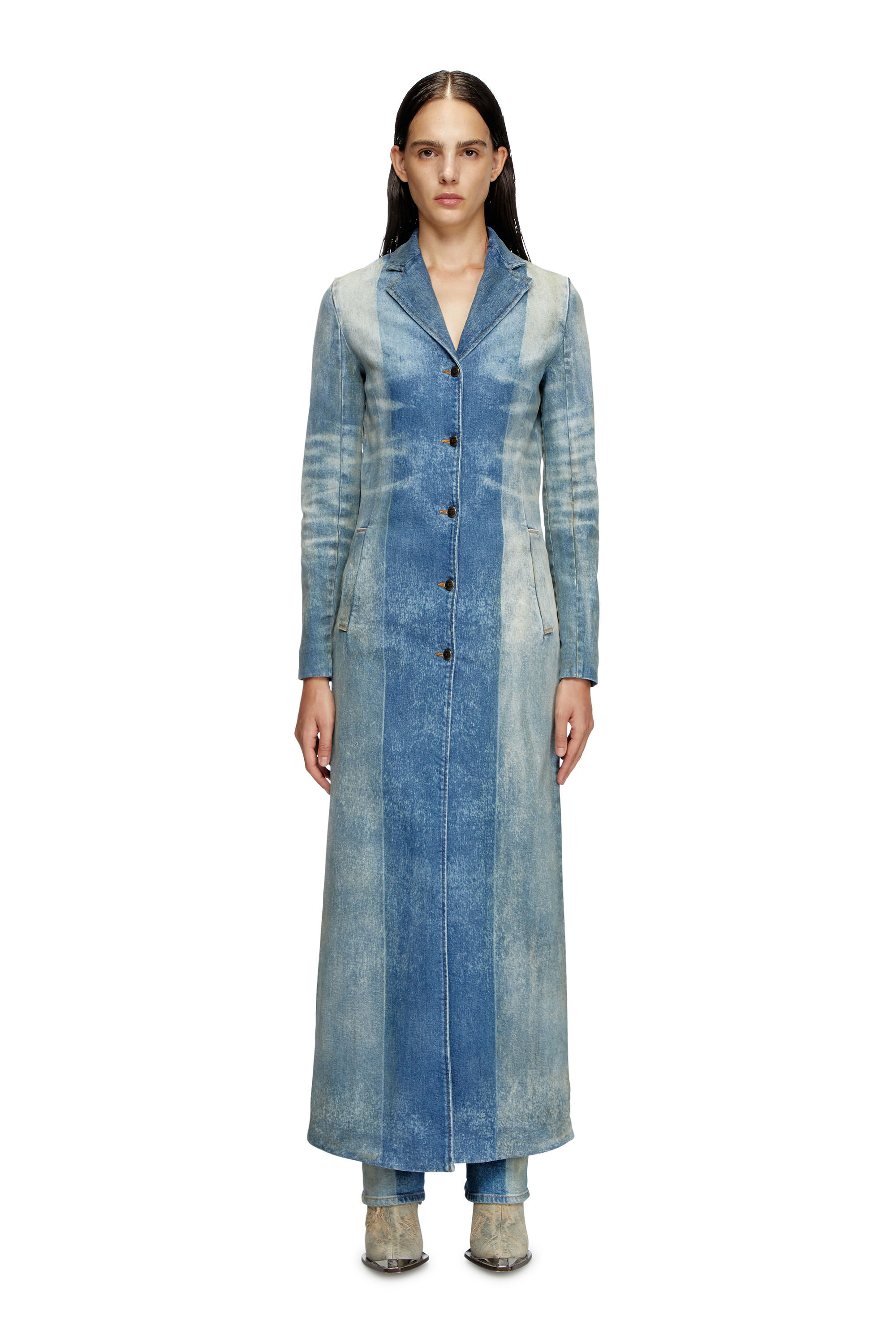 Diesel - DE-LAMOUR-FSF, Damen Mantel aus Denim mit solarisierten Falten in Mittelblau - 1