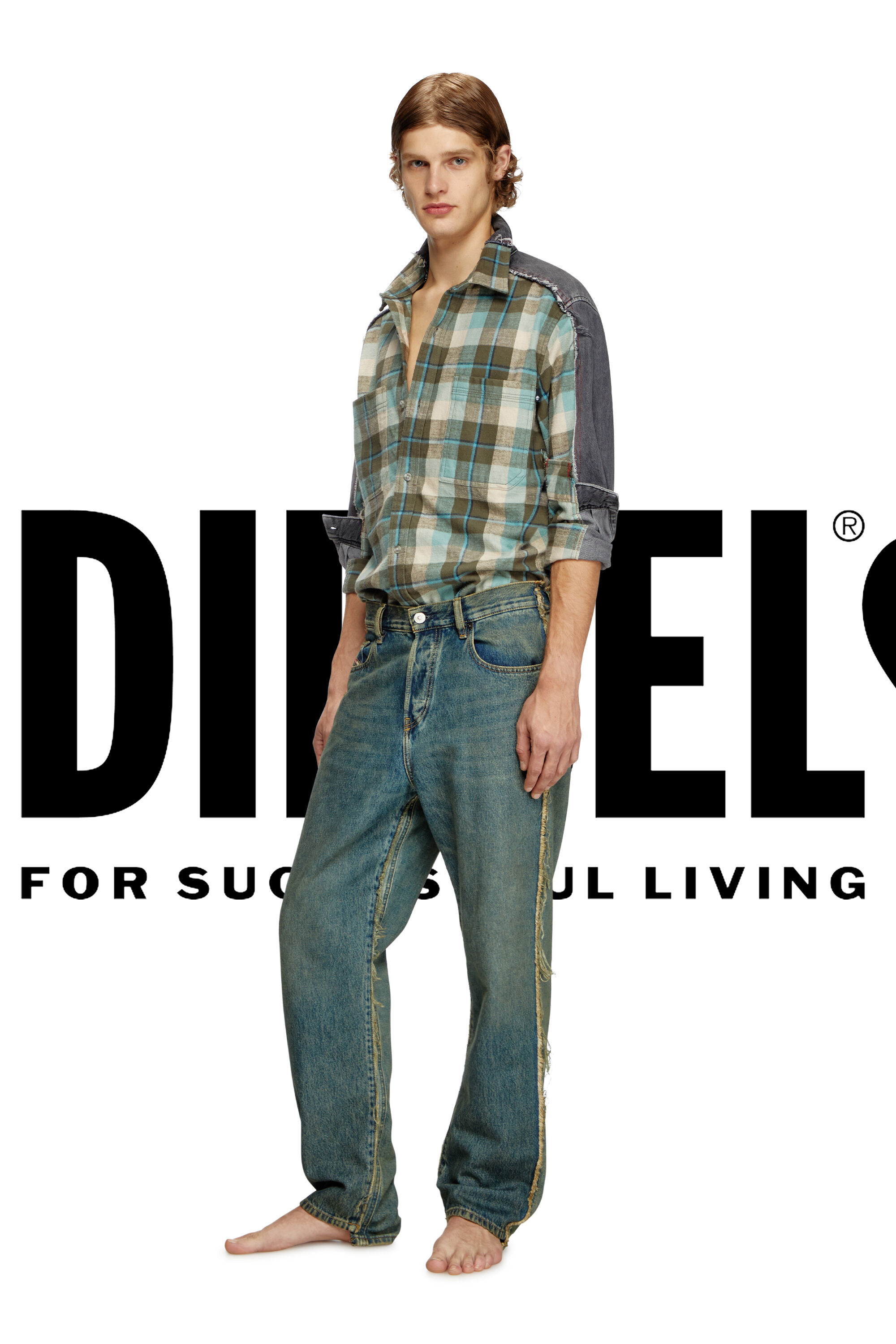 Diesel - Shirt Dieseloves 2B, Unisex Karo- und Denim-Hemd in Grün/Schwarz - 1
