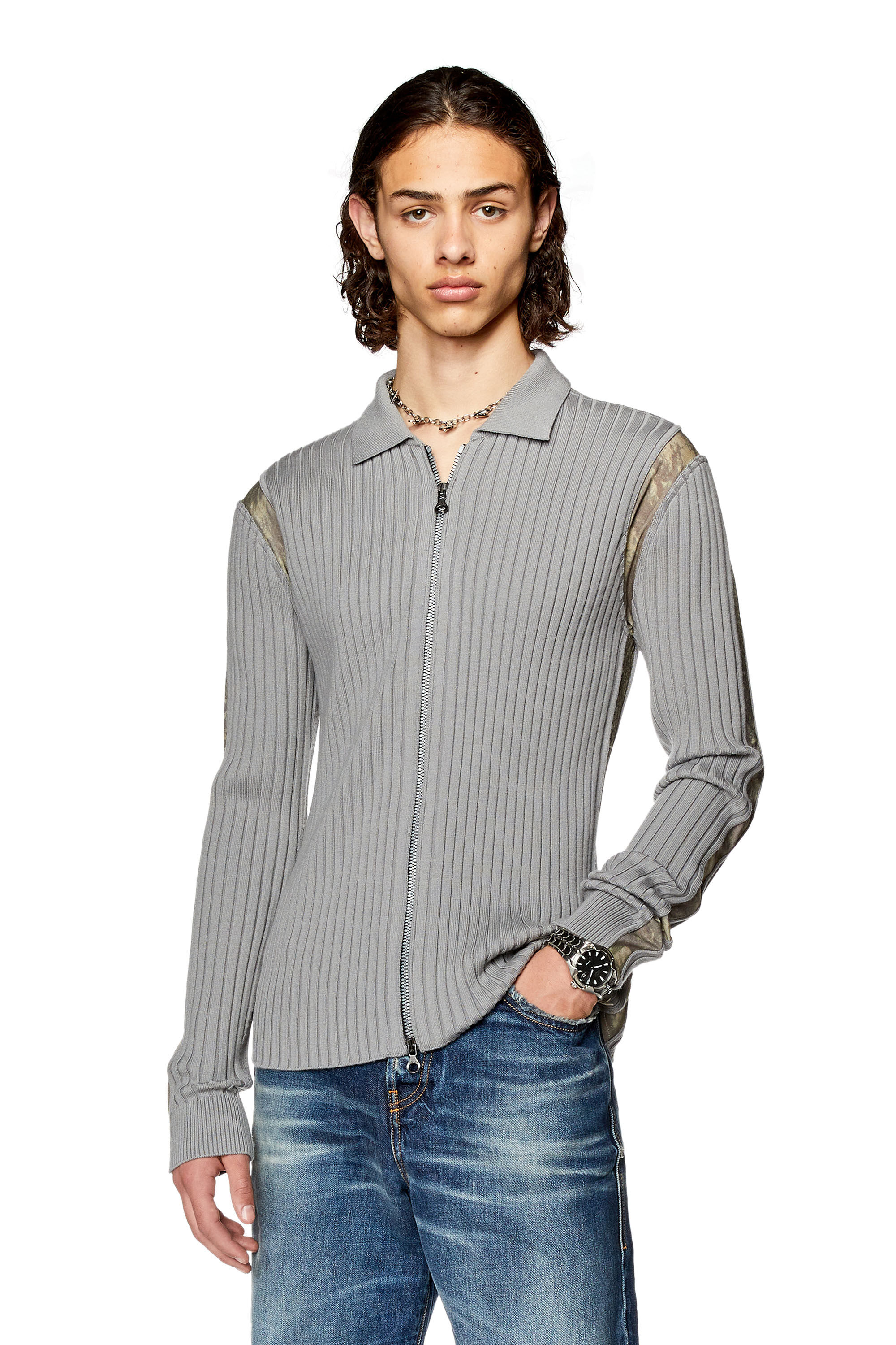 Diesel - K-LIPSI, Man's Ribbed cardigan with Planet-camo inserts in Grey - 3