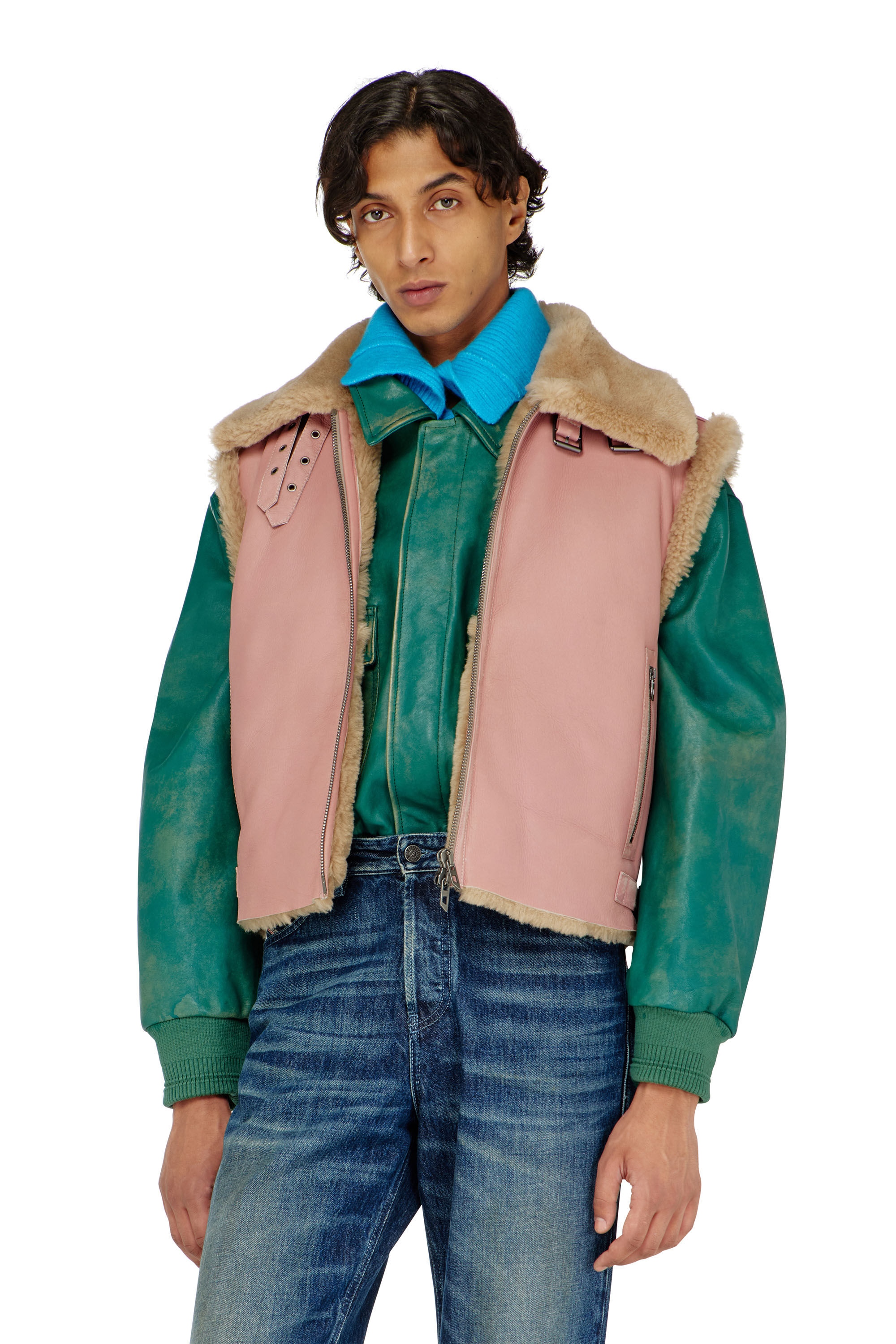 Diesel - L-HONT, Herren Lederweste mit Shearling in Rosa - 3