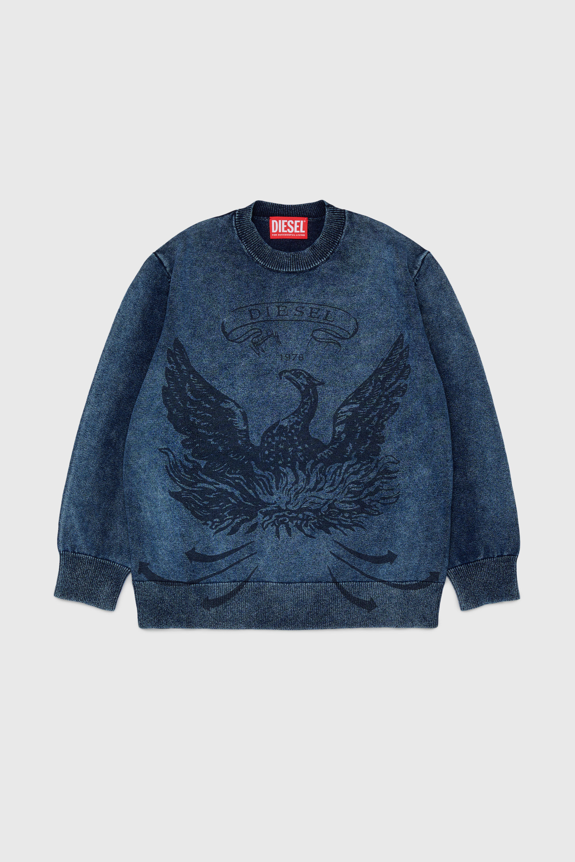 Diesel - KFINNIC OVER, Herren Pullover in Denim-Optik mit Ph&ouml;nix-Motiv in Dunkelblau - 1