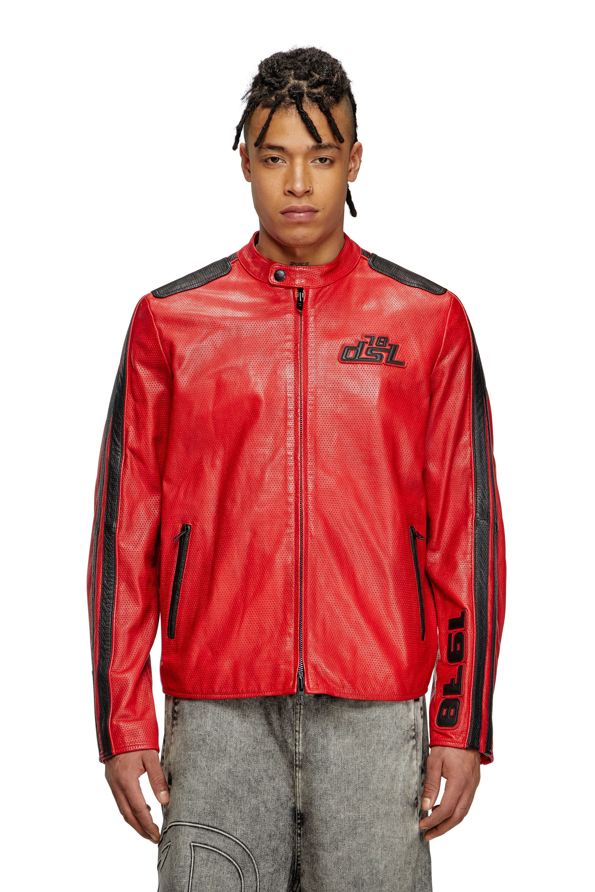 Diesel - L-POP, Unisex's Biker jacket in perforated leather in Red - 3
