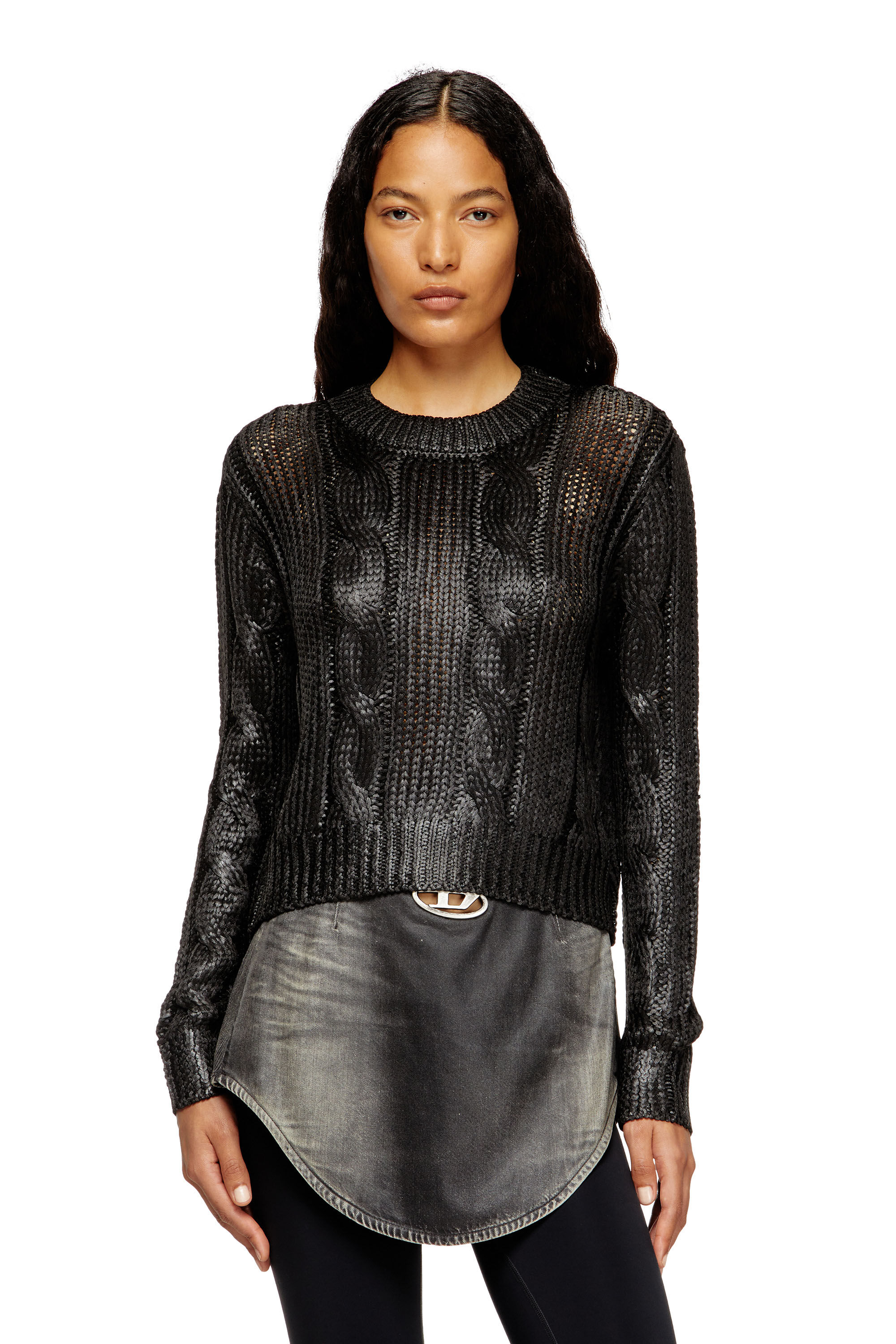 Diesel - M-MICCHA, Damen Pullover mit Zopf-Muster und Glanzeffekt in Schwarz - 3