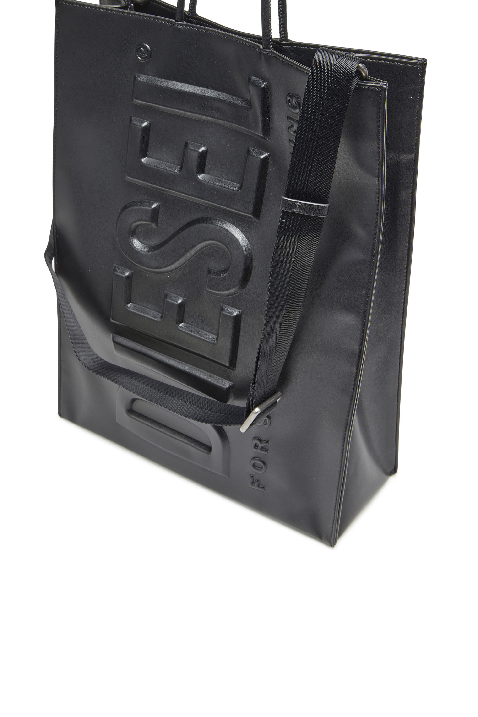 Men s Dsl 3D L Large PU tote bag with embossed logo Black Diesel