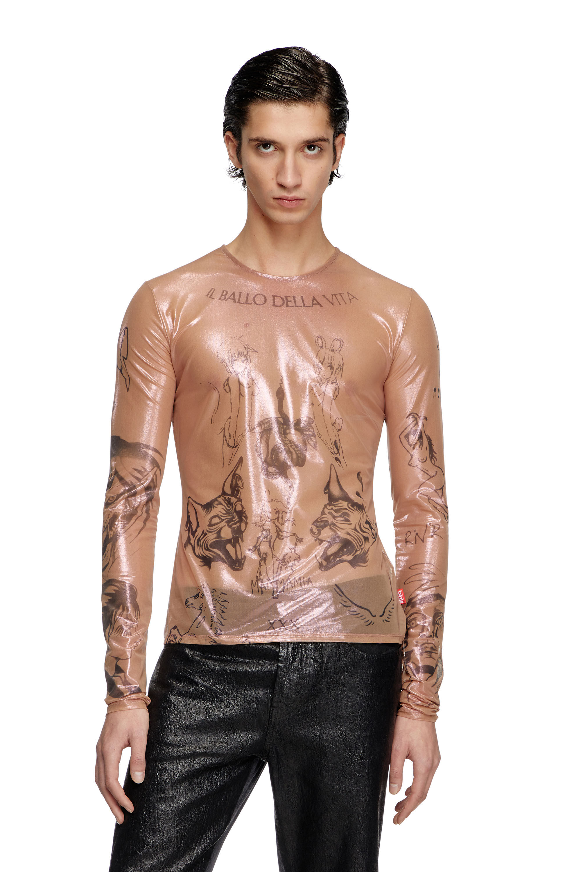 Diesel - T-CLAUDE-DD, Unisex Tattoo-Top aus beschichtetem Stretch-Tüll in Rosa - 3
