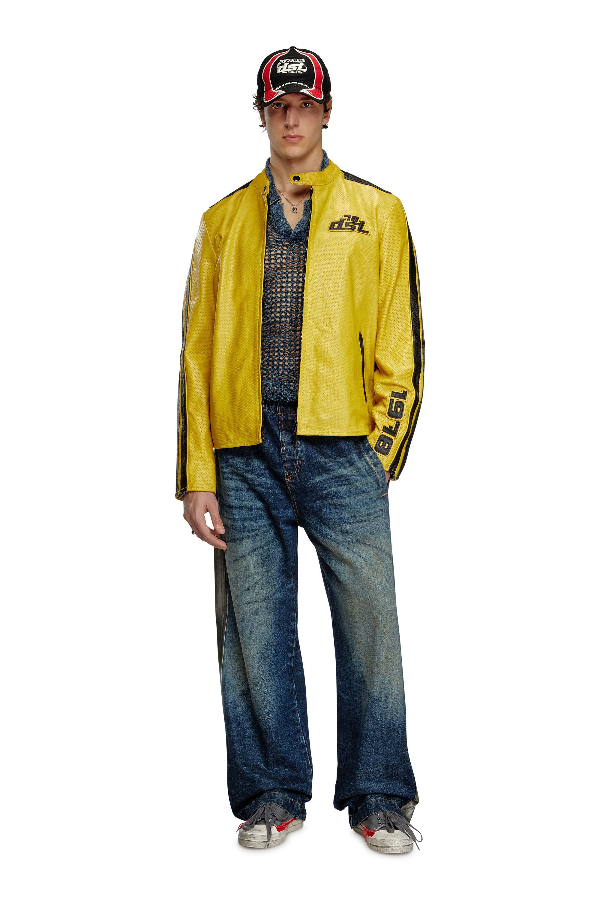 Diesel - L-POP, Unisex Bikerjacke aus perforiertem Leder in Gelb - 1
