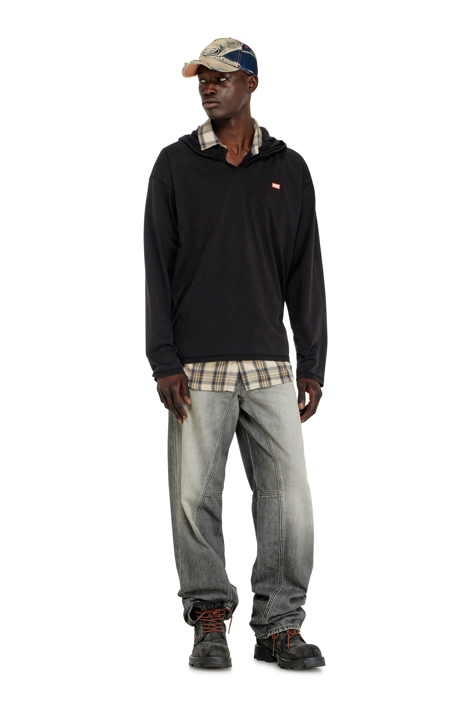Diesel - T-BOXT-LS-HOOD-CHECK, Herren Langarm-T-Shirt mit Flanell-Kapuze in null - 1