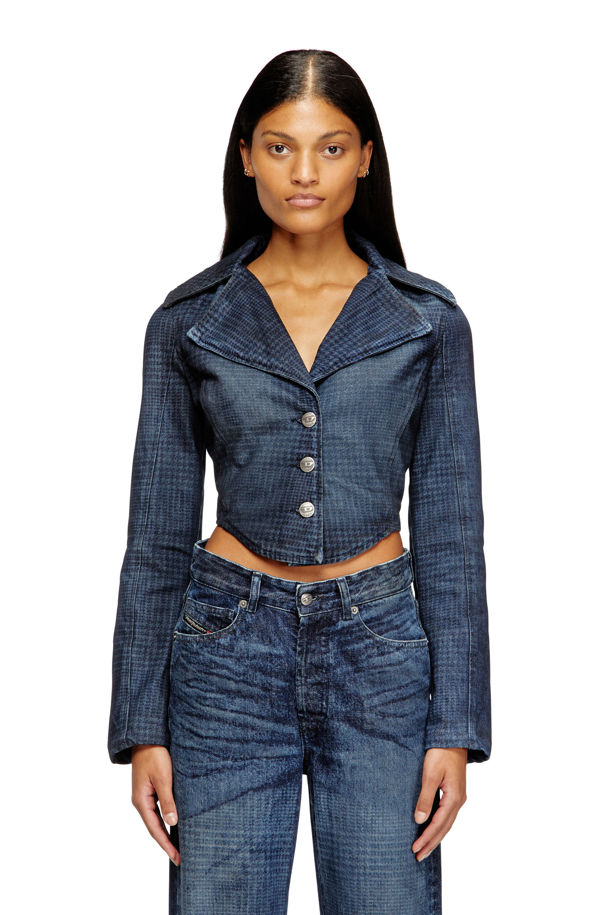 Diesel - DE-ALI-S, Damen Gekürzte Jacke in Prince-of-Wales-Denim in Dunkelblau - 2