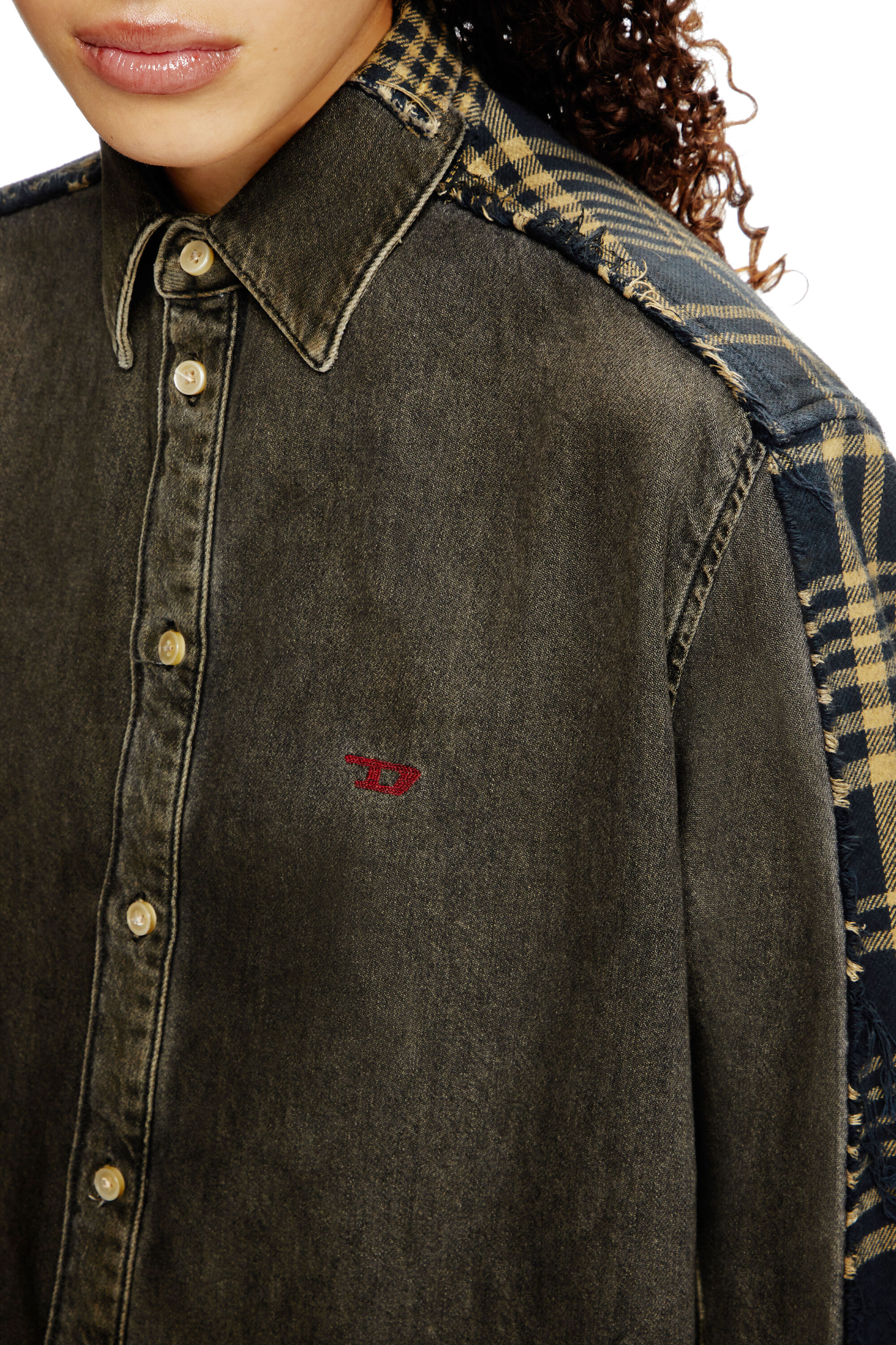 Diesel - Shirt Dieseloves 5A, Unisex Überfärbtes Denim und Karo-Hemd in Schwarz/Blau - 4