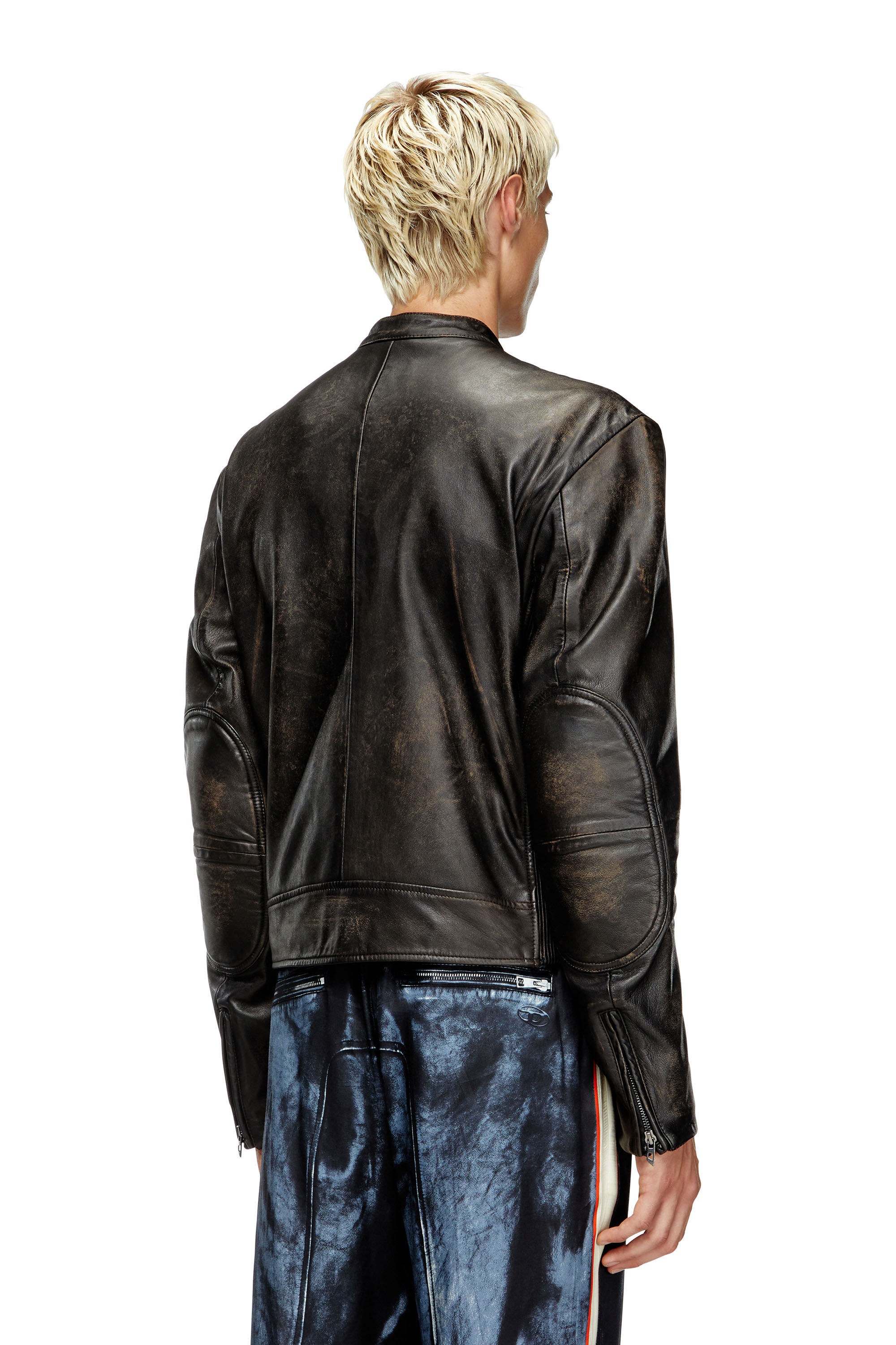 Diesel - L-AROSS, Herren Vielgetragene Bikerjacke aus Leder in Braun - 4