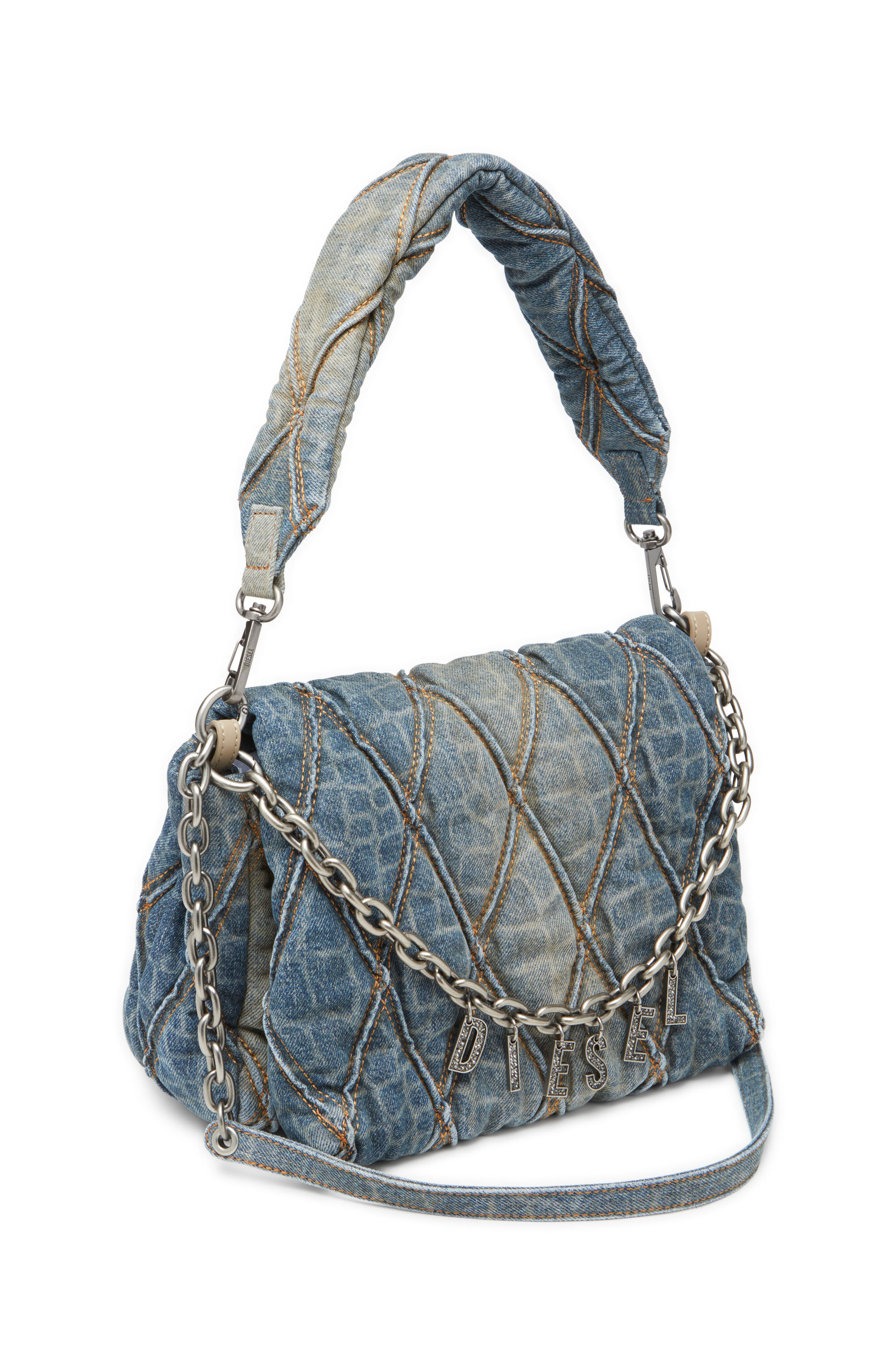 Diesel - CNY CHARM-D SHOULDER M, Damen Schultertasche aus gestepptem Denim mit Schlangen-Print in Blau - 2