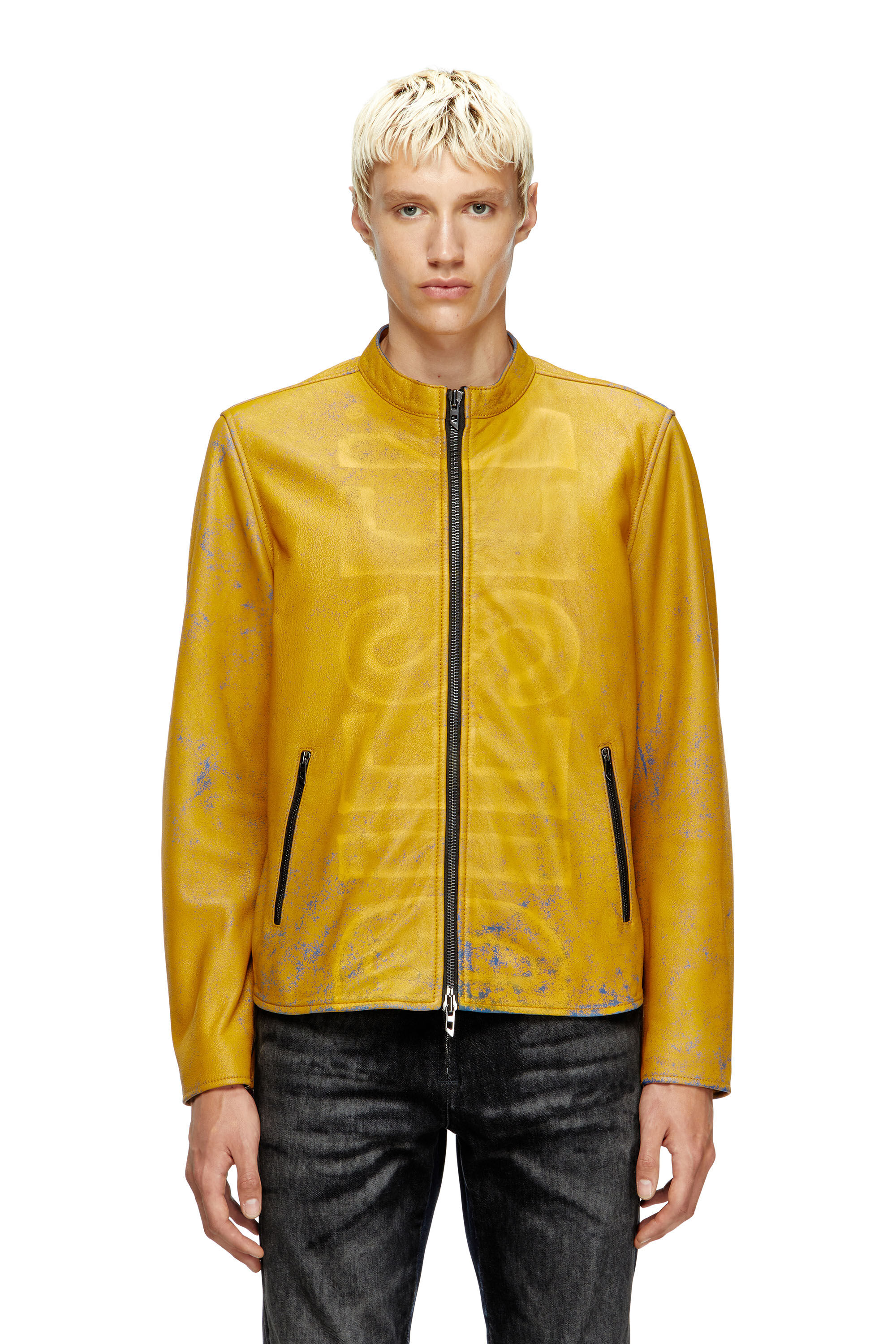 Diesel - L-EVERT-A, Herren Behandelte Bikerjacke aus Leder mit verblasstem Logo in Gelb - 3
