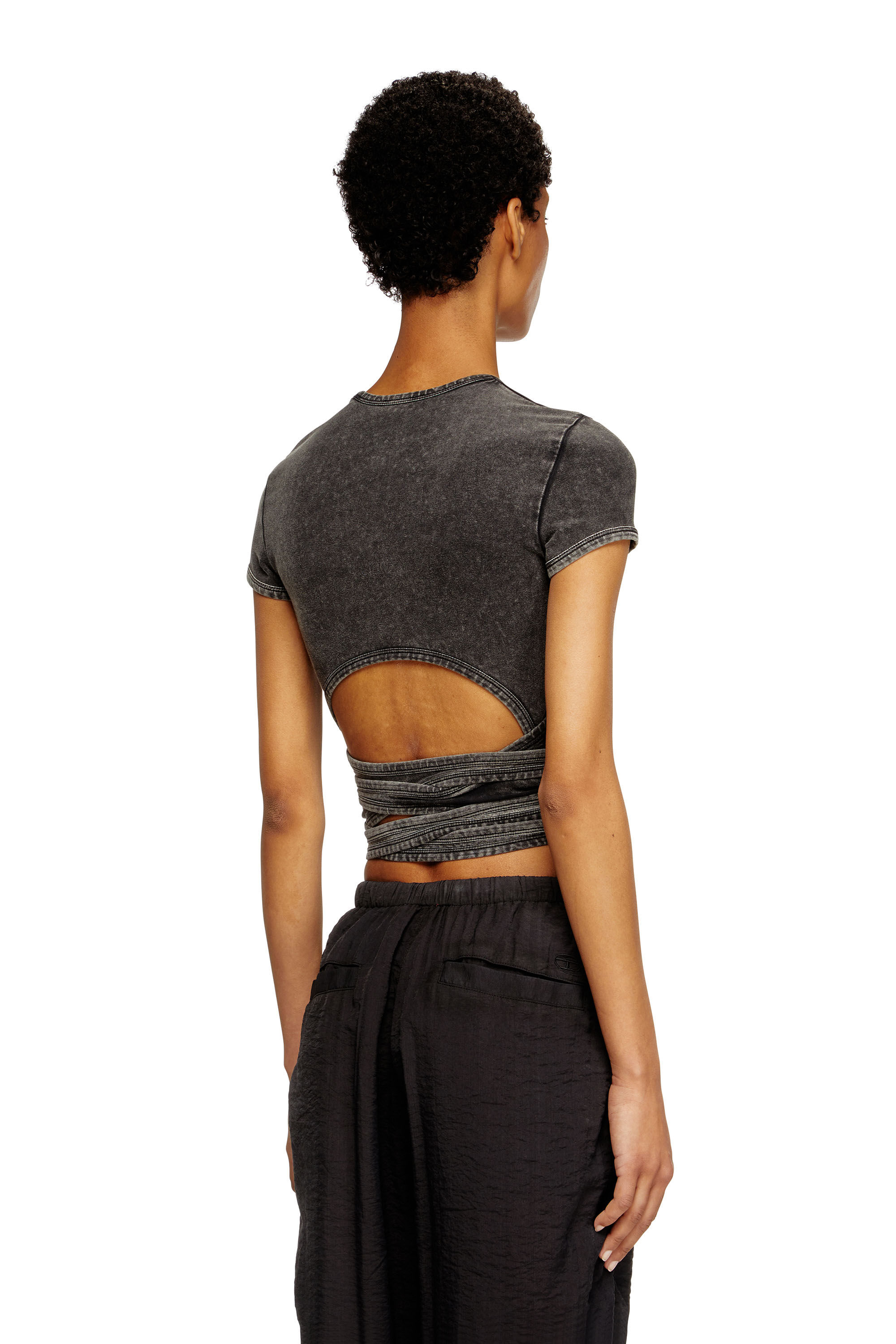 Diesel - T-BUNNY-TAIL-R1, Damen T-Shirt in Denim-Optik mit Wickelbändern in Schwarz - 4