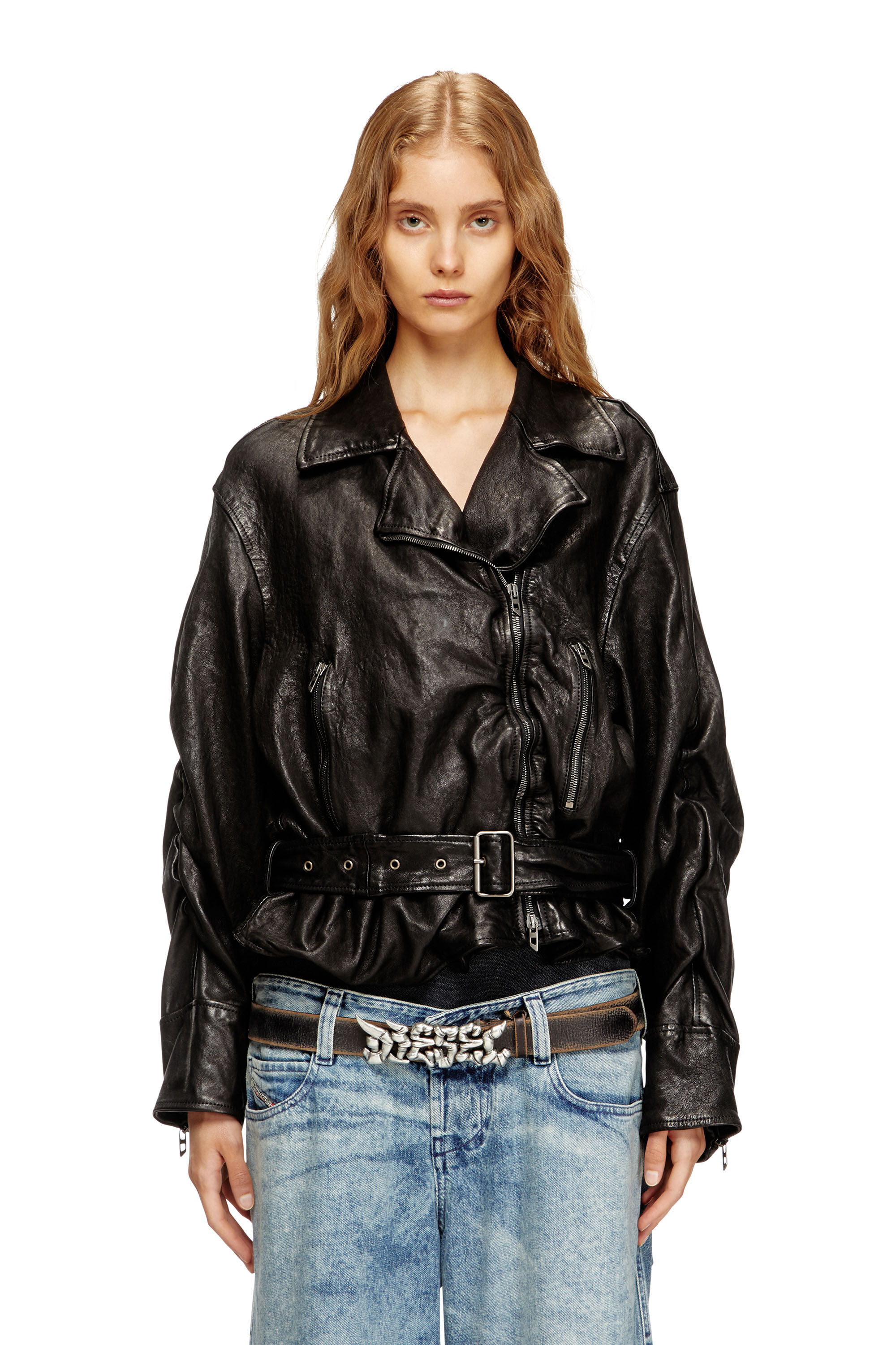 Diesel - L-OYS, Damen Jacke mit Gürtel aus thermischem Leder in Schwarz - 3