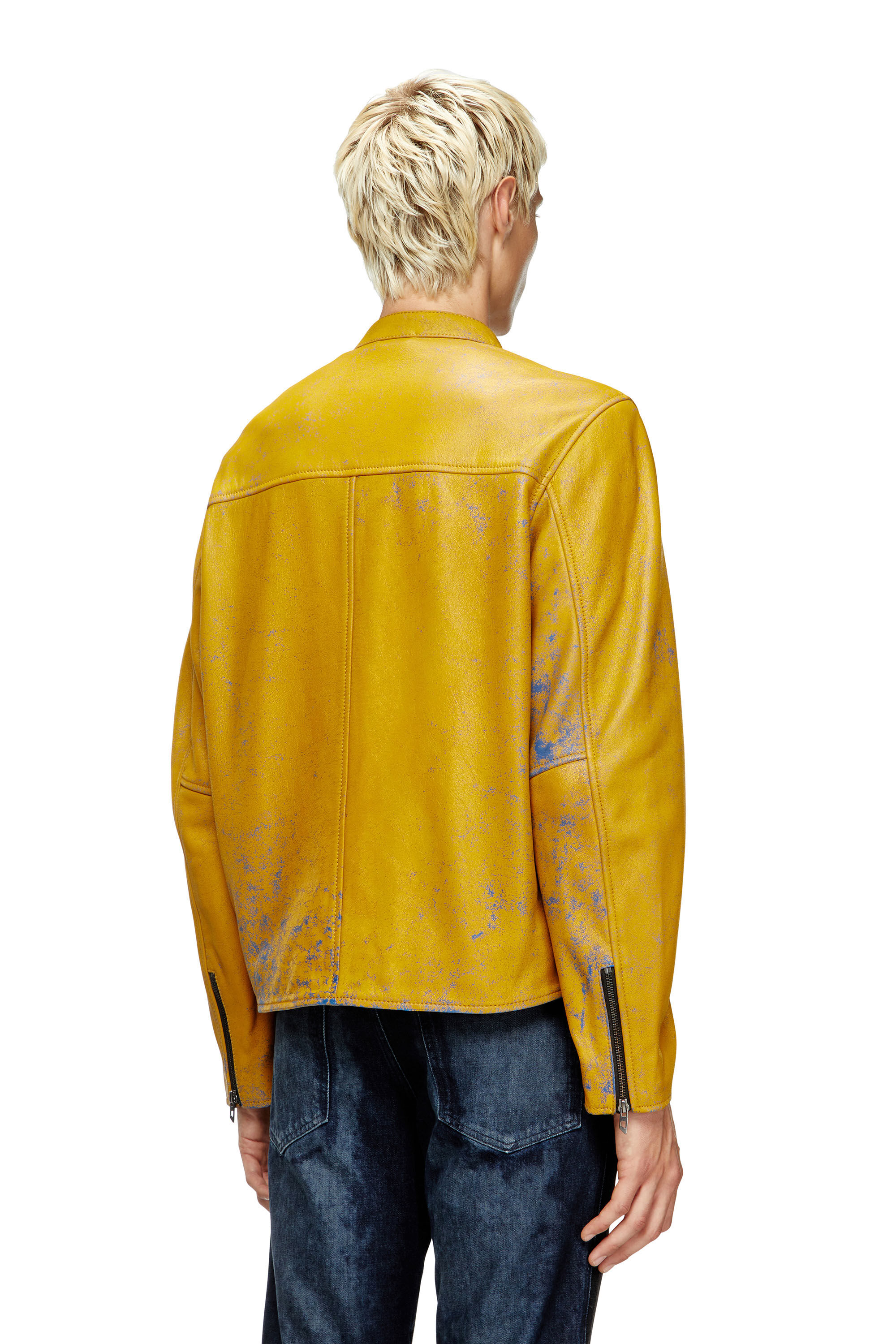 Diesel - L-EVERT-A, Herren Behandelte Bikerjacke aus Leder mit verblasstem Logo in Gelb - 4