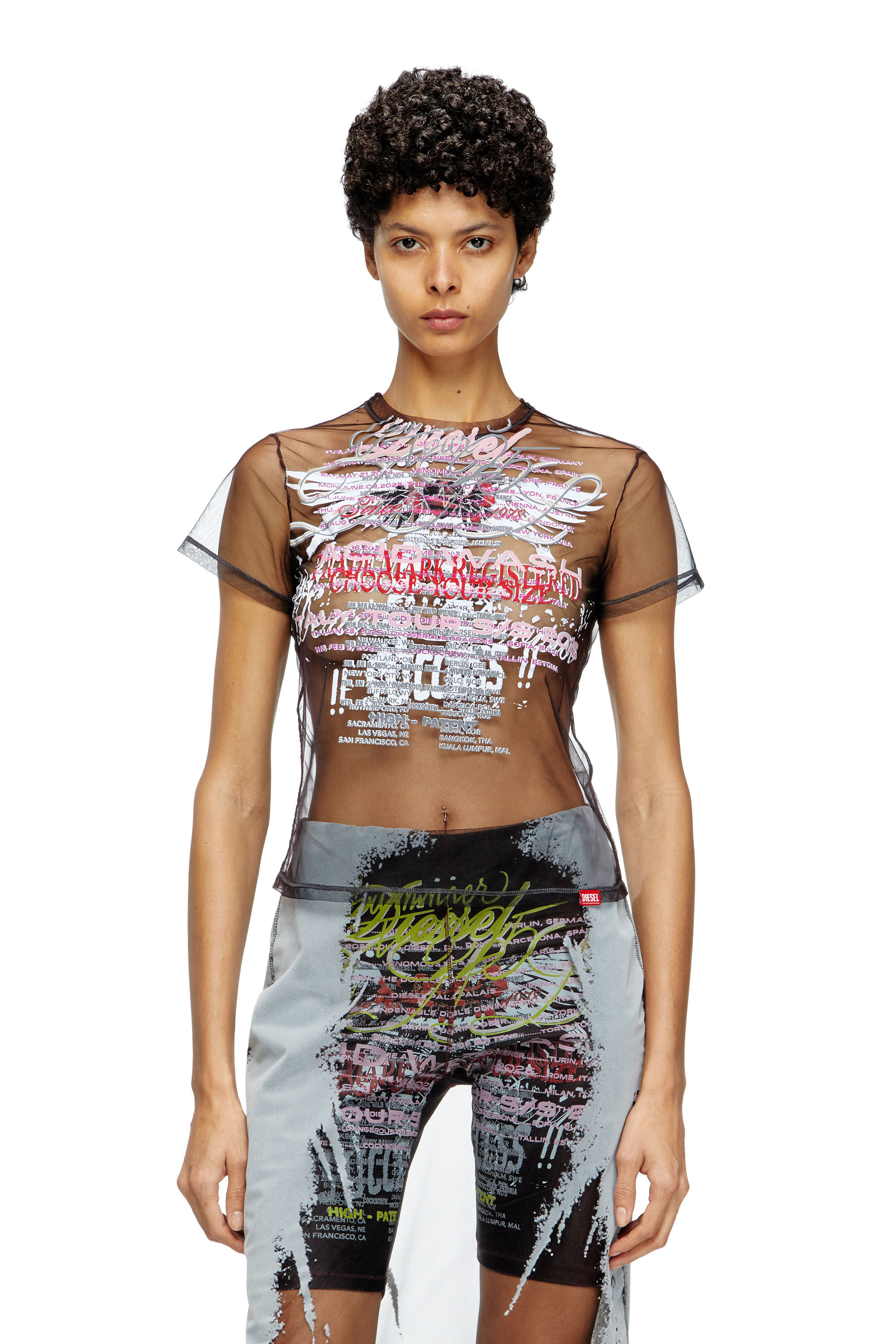 Diesel - T-YRAC, Damen Durchsichtiges Oberteil mit Text-Print in Schwarz - 3