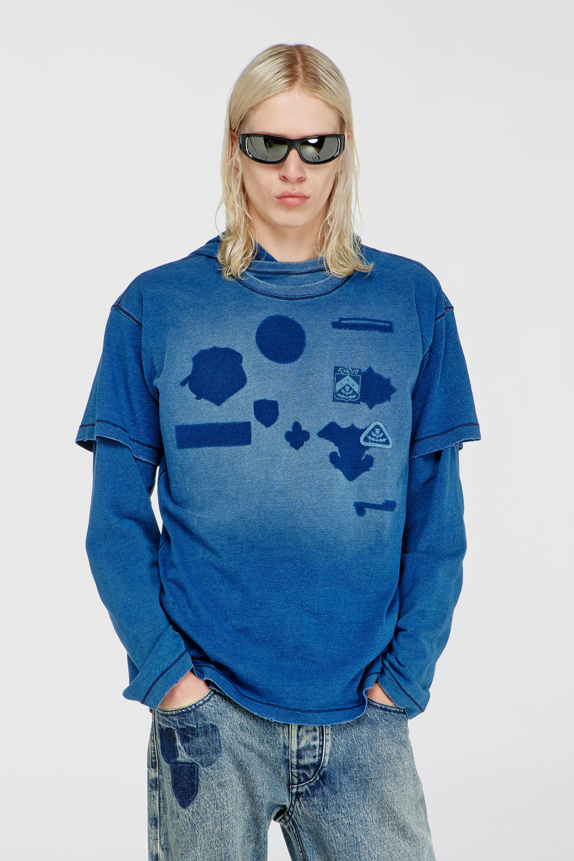Diesel - T-NOX, Herren T-shirt mit patches mit schatteneffekt in Mittelblau - 3
