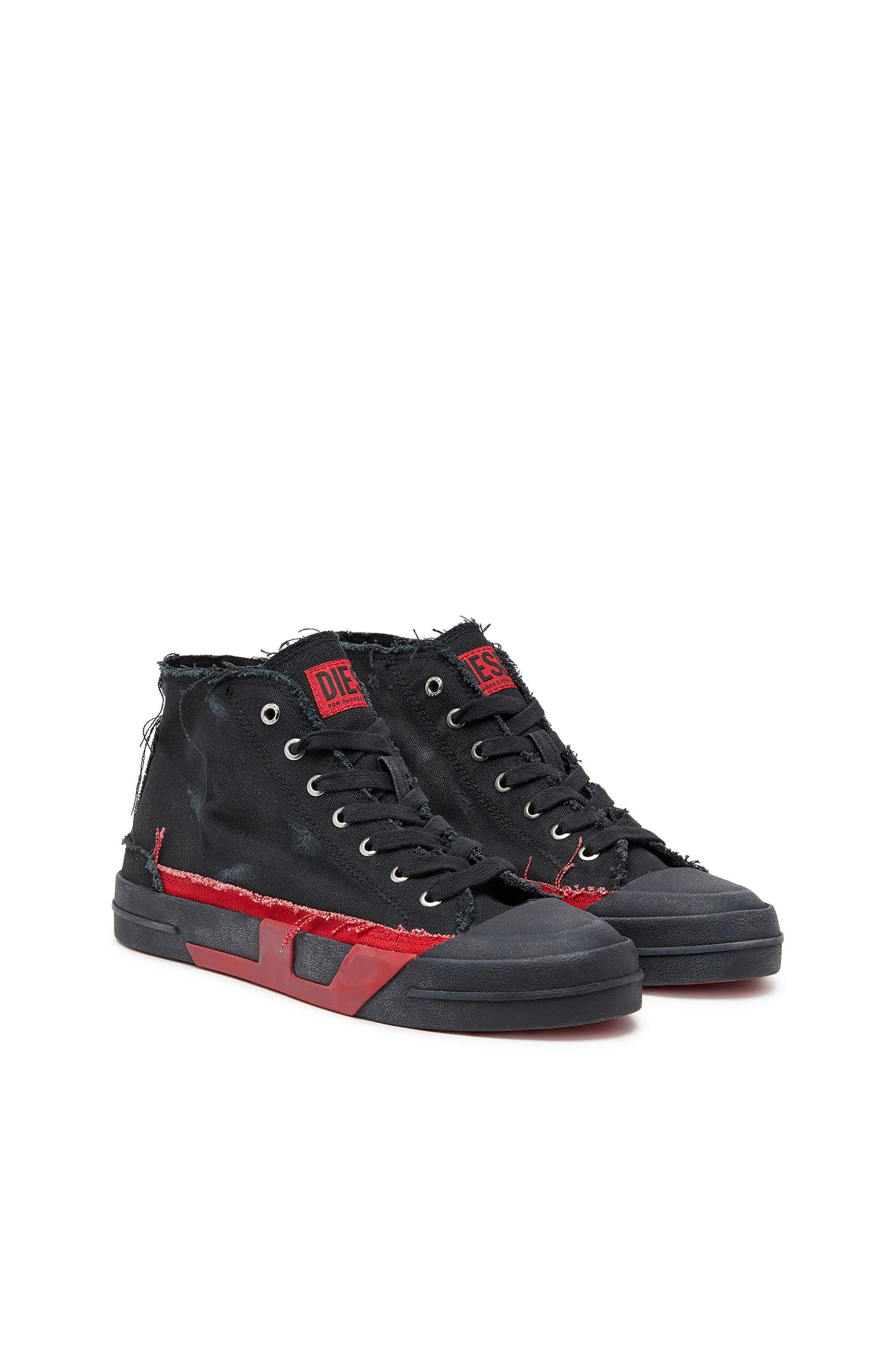 Diesel - S-D-VERSE MID II, Herren High-Top-Sneakers aus Canvas in vielgetragener Optik in Schwarz/Rot - 2