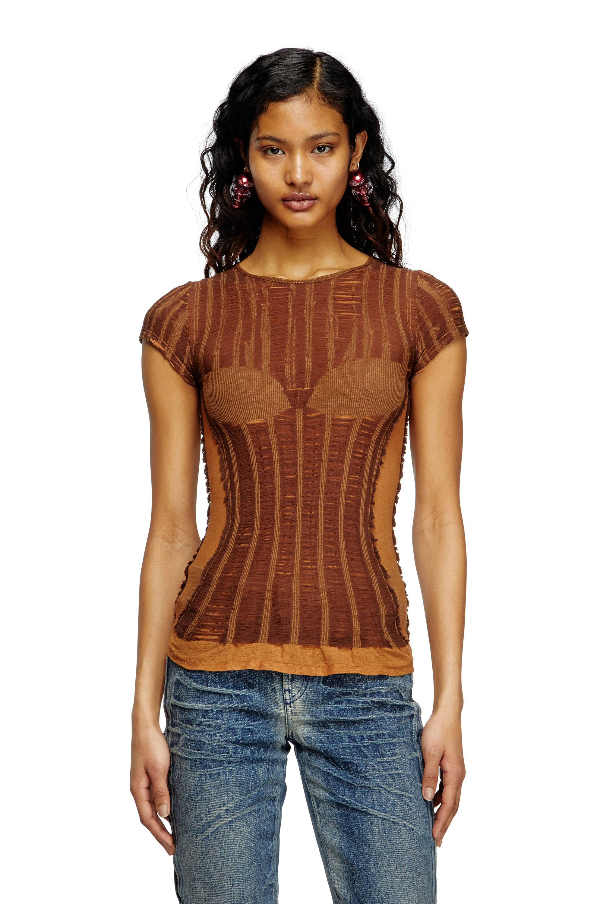 Diesel - M-CALAI-SS, Damen Nahtloses T-Shirt mit Dessous-Illusion in Braun - 3