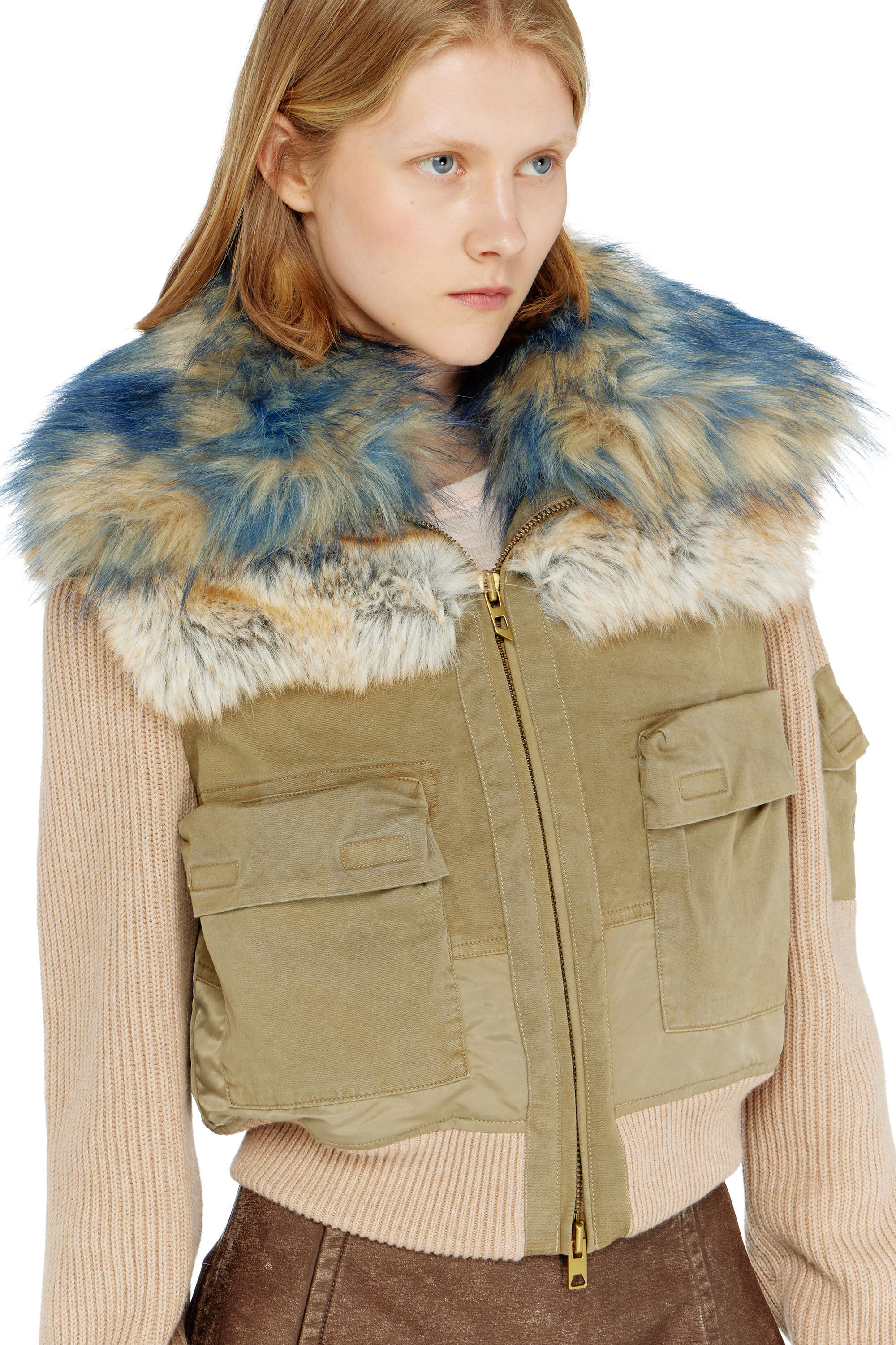 Diesel - G-USTAV, Damen Bomberjacke mit Rippstrick- und Pl&uuml;schbesatz in Beige - 5