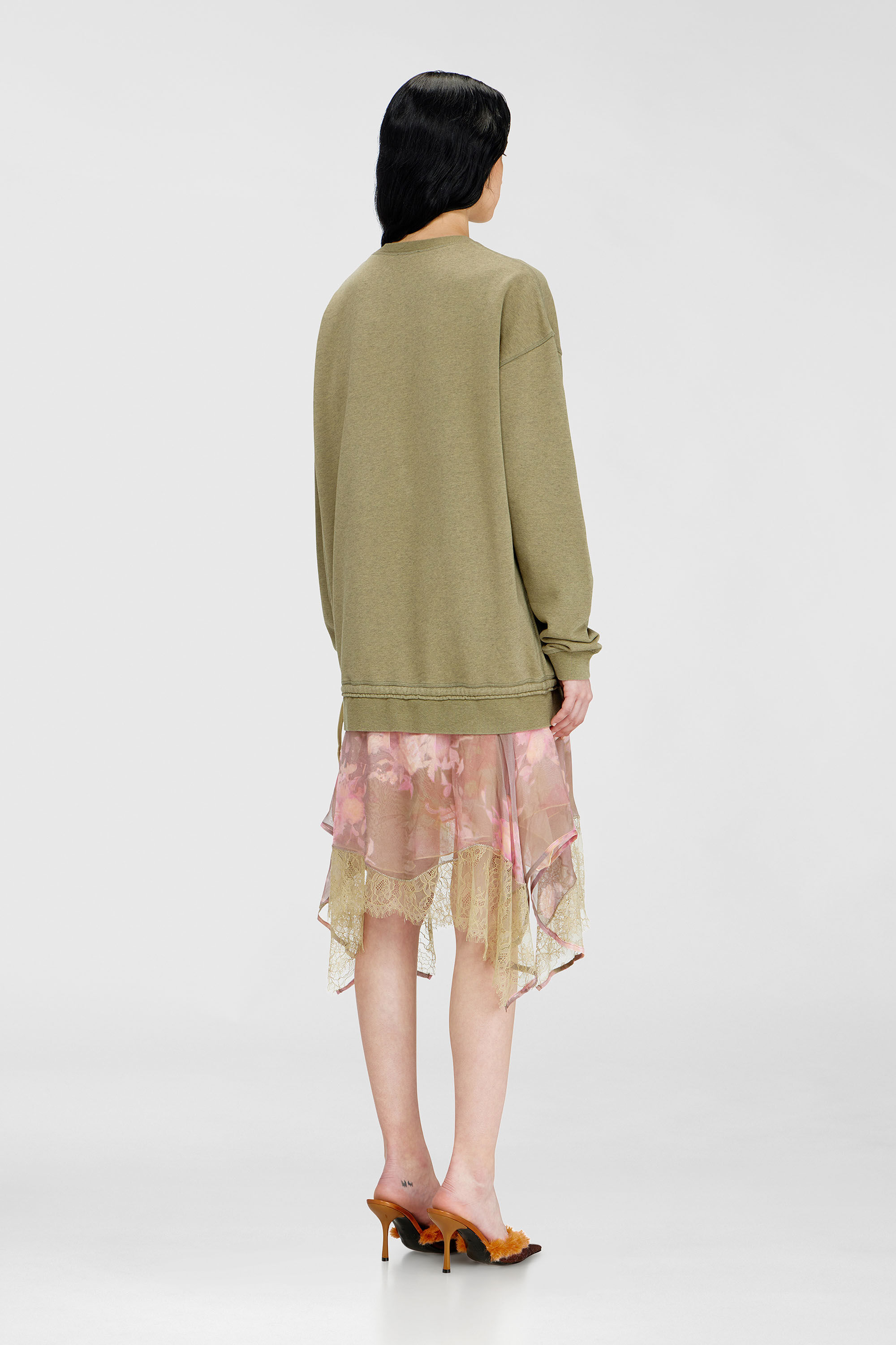 Diesel - D-ORELY, Damen Sweatshirt-Kleid mit Chiffon- und Spitz Rock in Rosa/Gr&uuml;n - 4