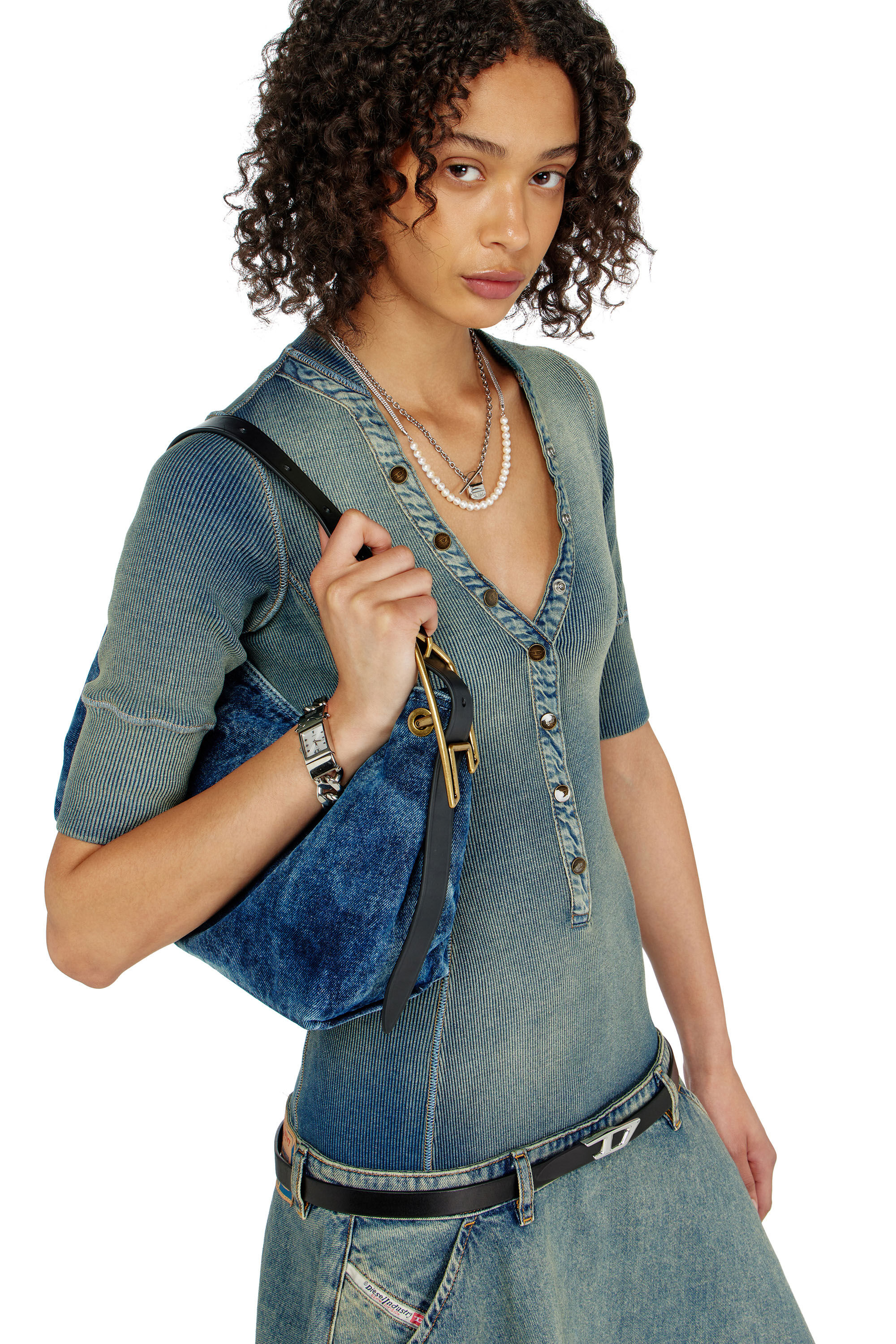 Diesel - DE-ANIM-S, Damen Midikleid mit tiefer Taille aus Strick und Denim in null - 5