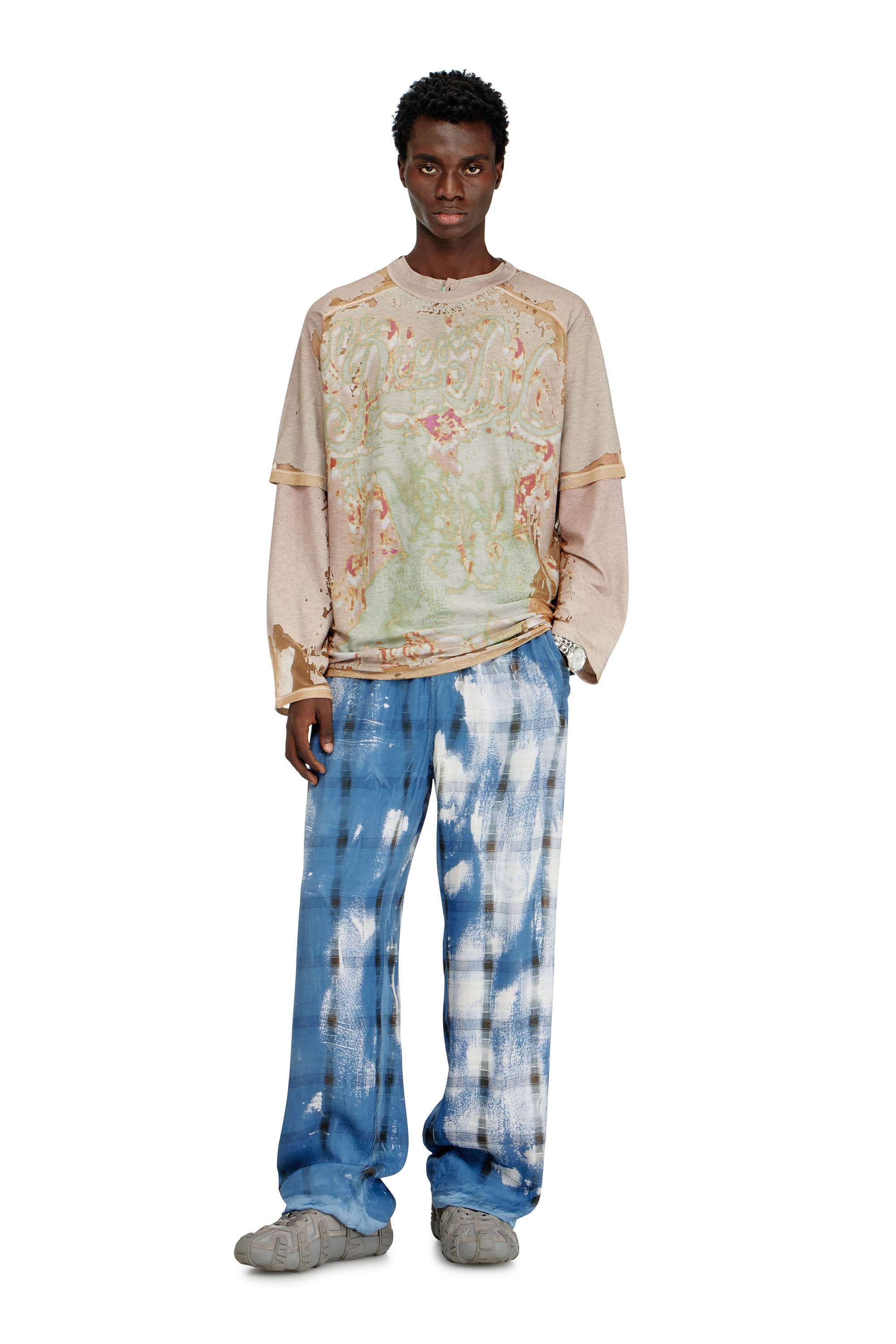 Diesel - T-LIVO, Herren T-Shirt aus bedrucktem Devor&eacute;-Jersey in Hellbraun - 1