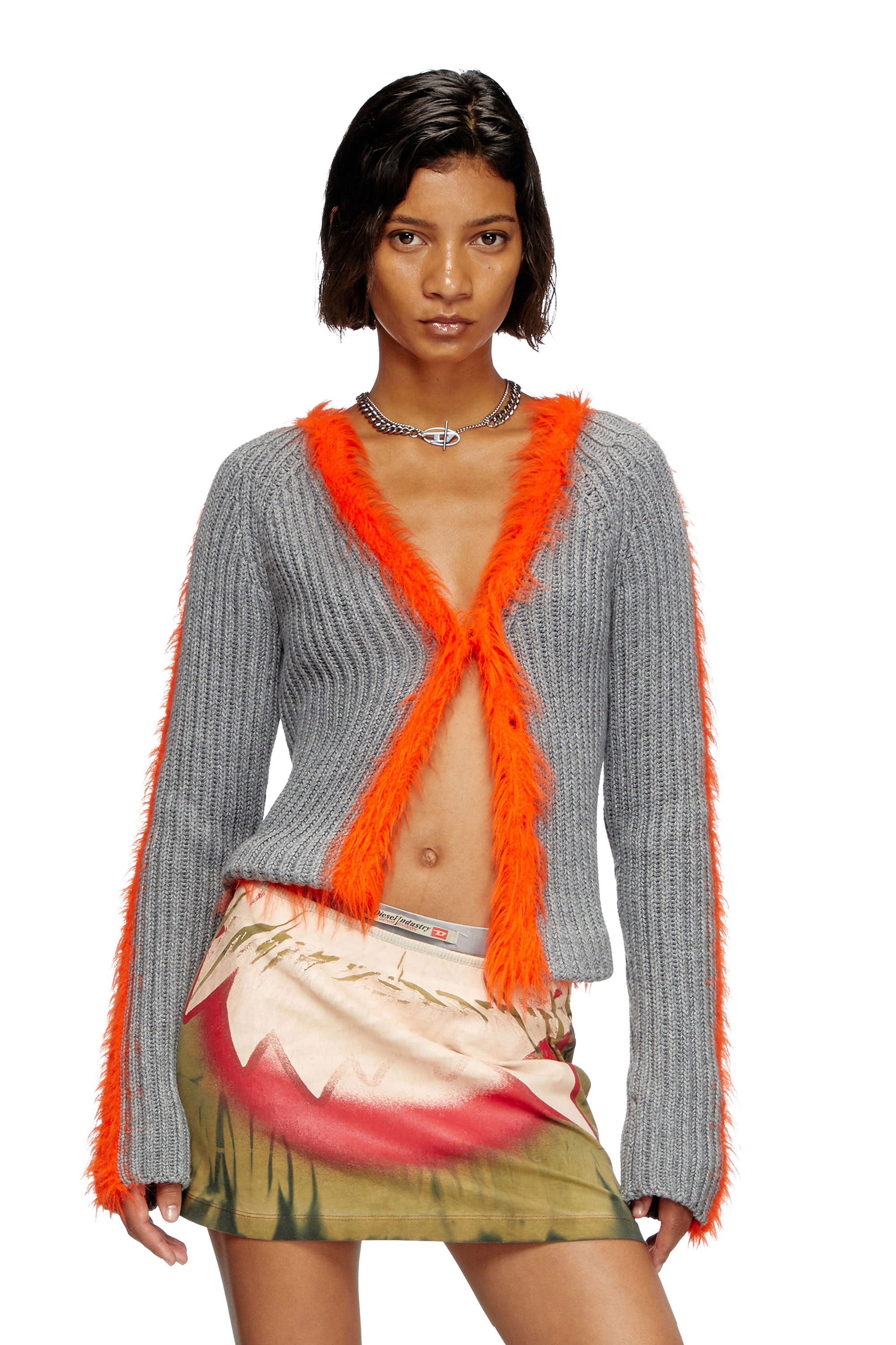 Diesel - M-TANITA, Damen Gerippter Cardigan mit flauschigen Besätzen in Grau/Orange - 3