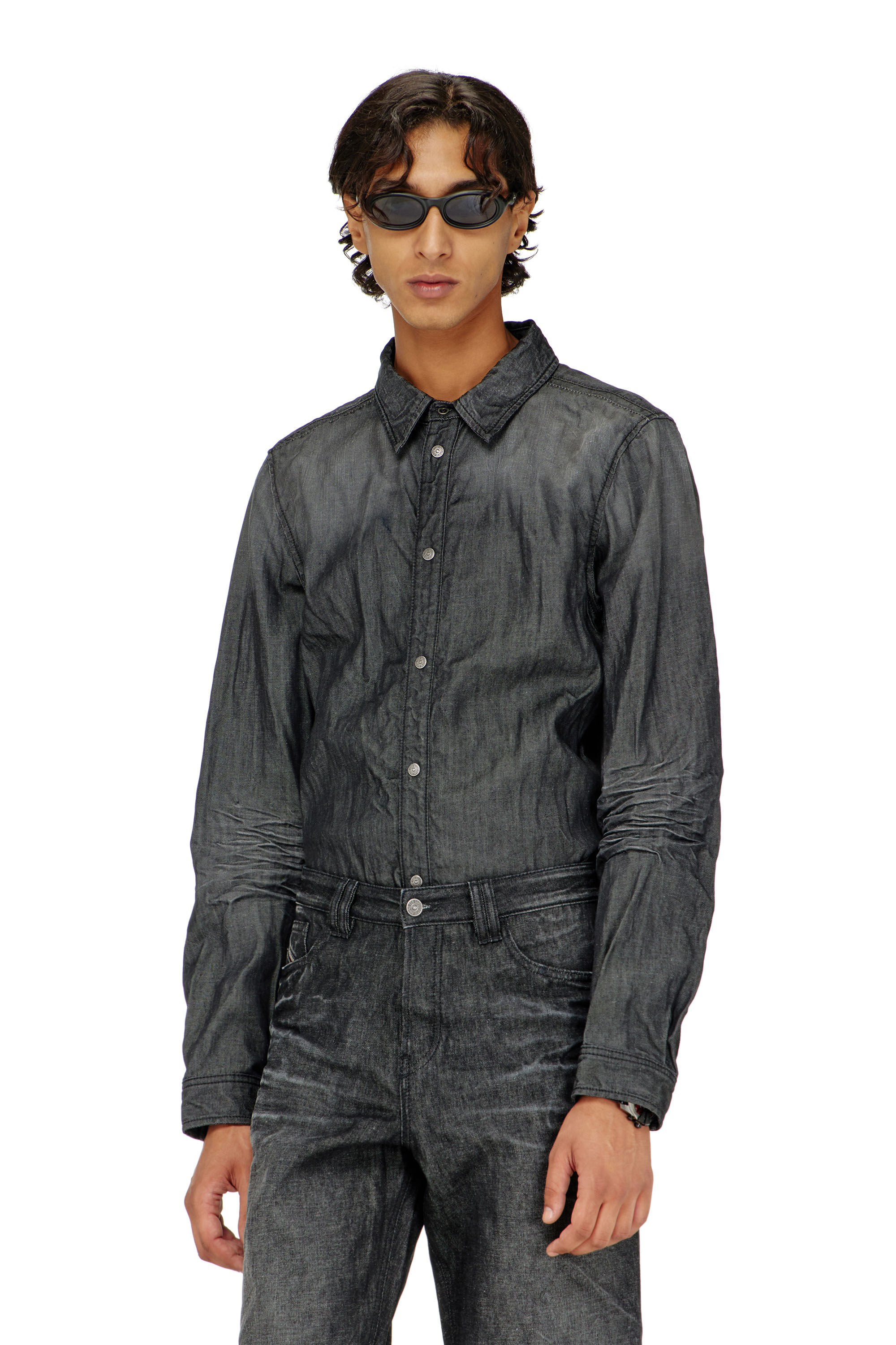 Diesel - D-SYNAR-FSJ2, Herren Hemd aus geknittertem Denim in Schwarz/Dunkelgrau - 3