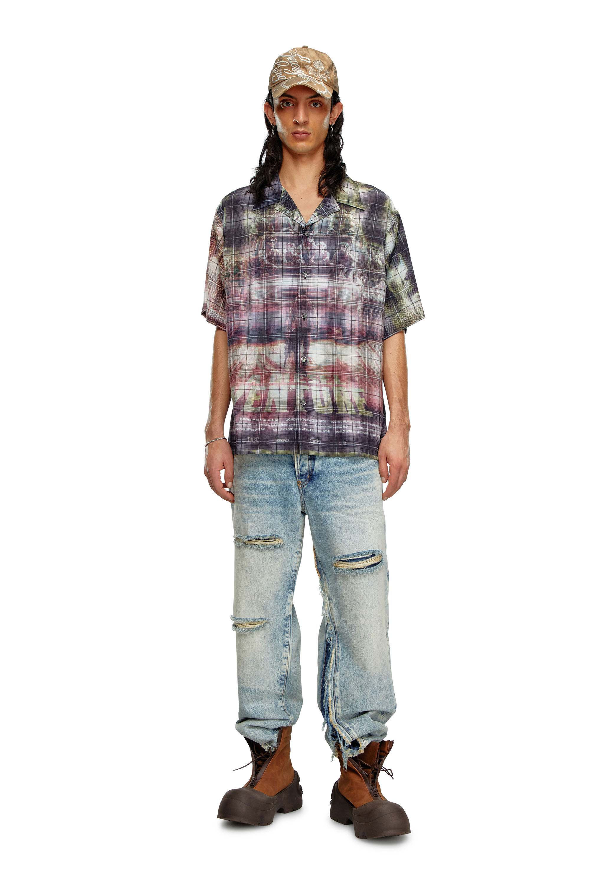 Diesel - S-TILBORG, Man Short-sleeve check shirt with poster print in Multicolor - Image 1