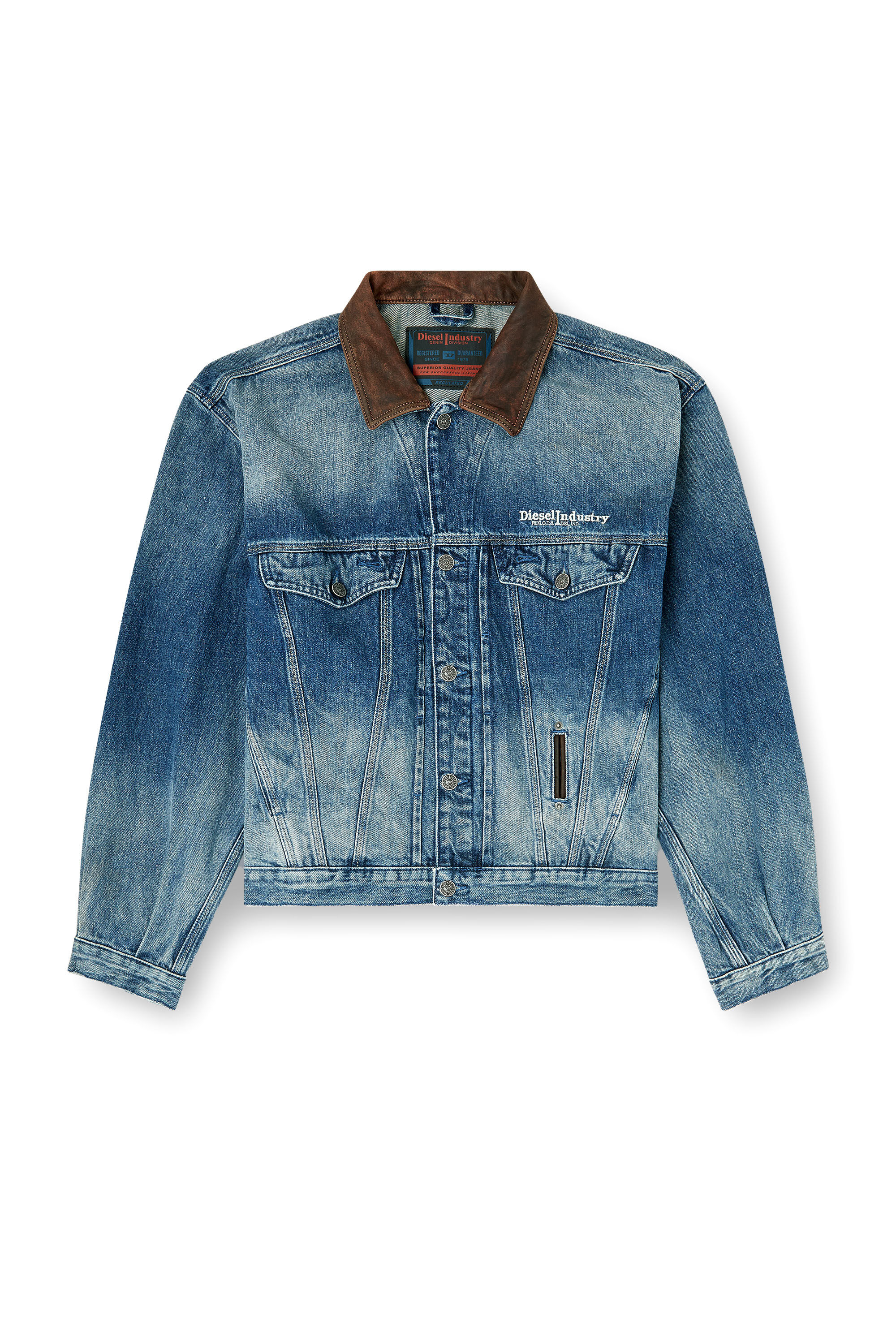 Diesel - D-DENVER-S1, Unisex Jeans-Truckerjacke mit kontrastierenden Lederbes&auml;tzen in Blau - 2