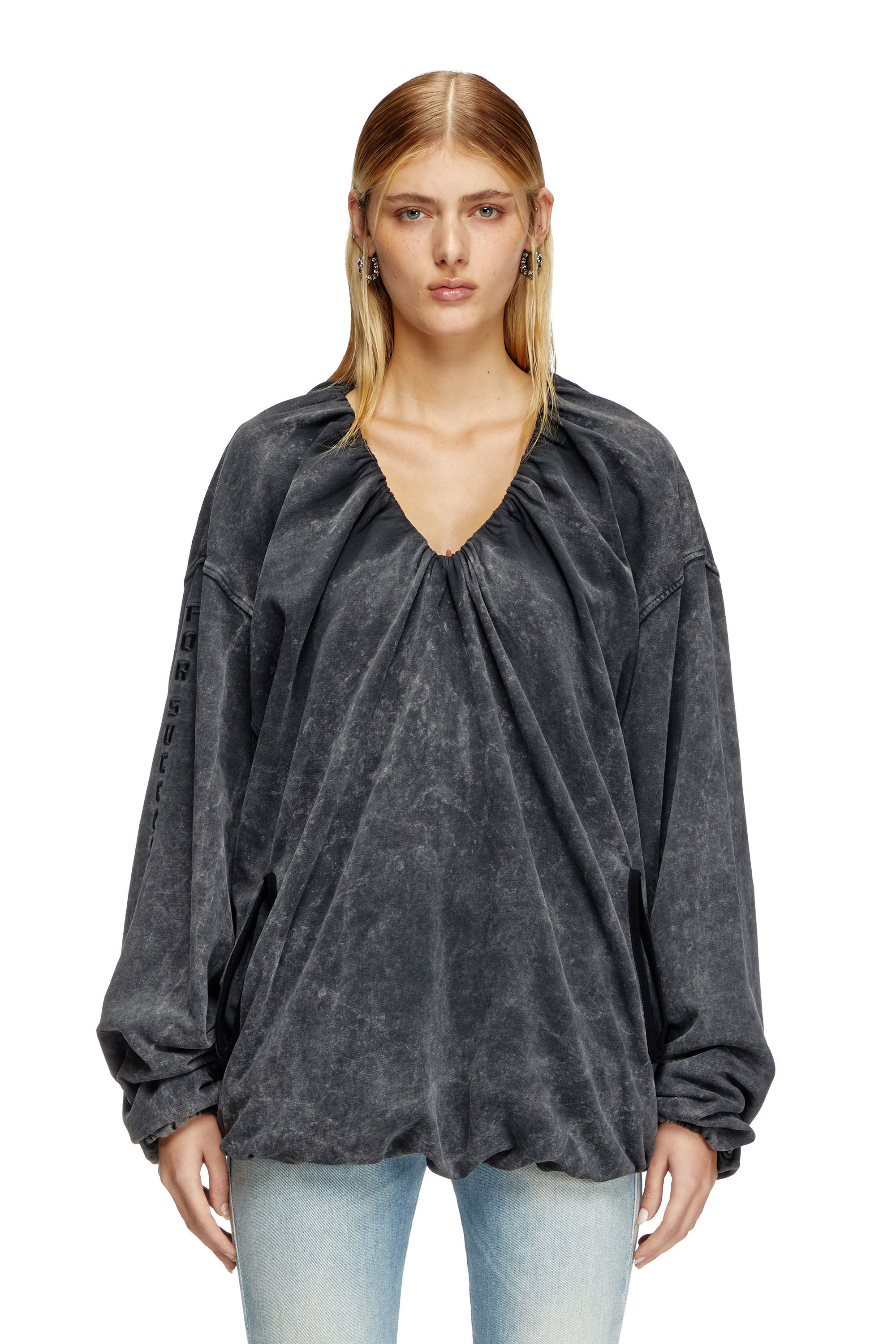 Diesel - F-INDY, Damen Gerafftes Sweatshirt mit gebleichtem Effekt in Schwarz - 3