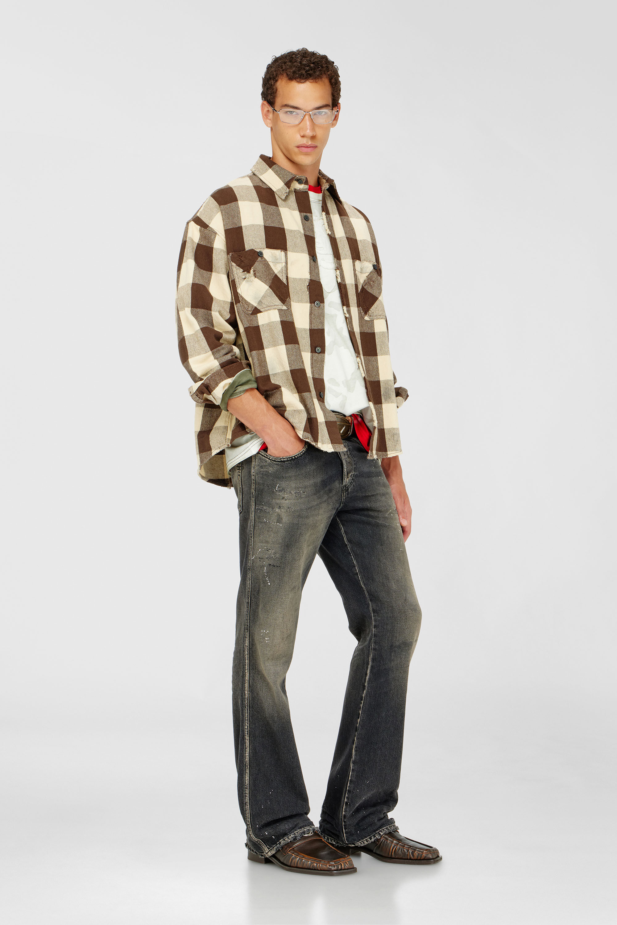 Diesel - S-DRUM, Herren Karohemd mit distressed-Effekt in Beige/Braun - 1