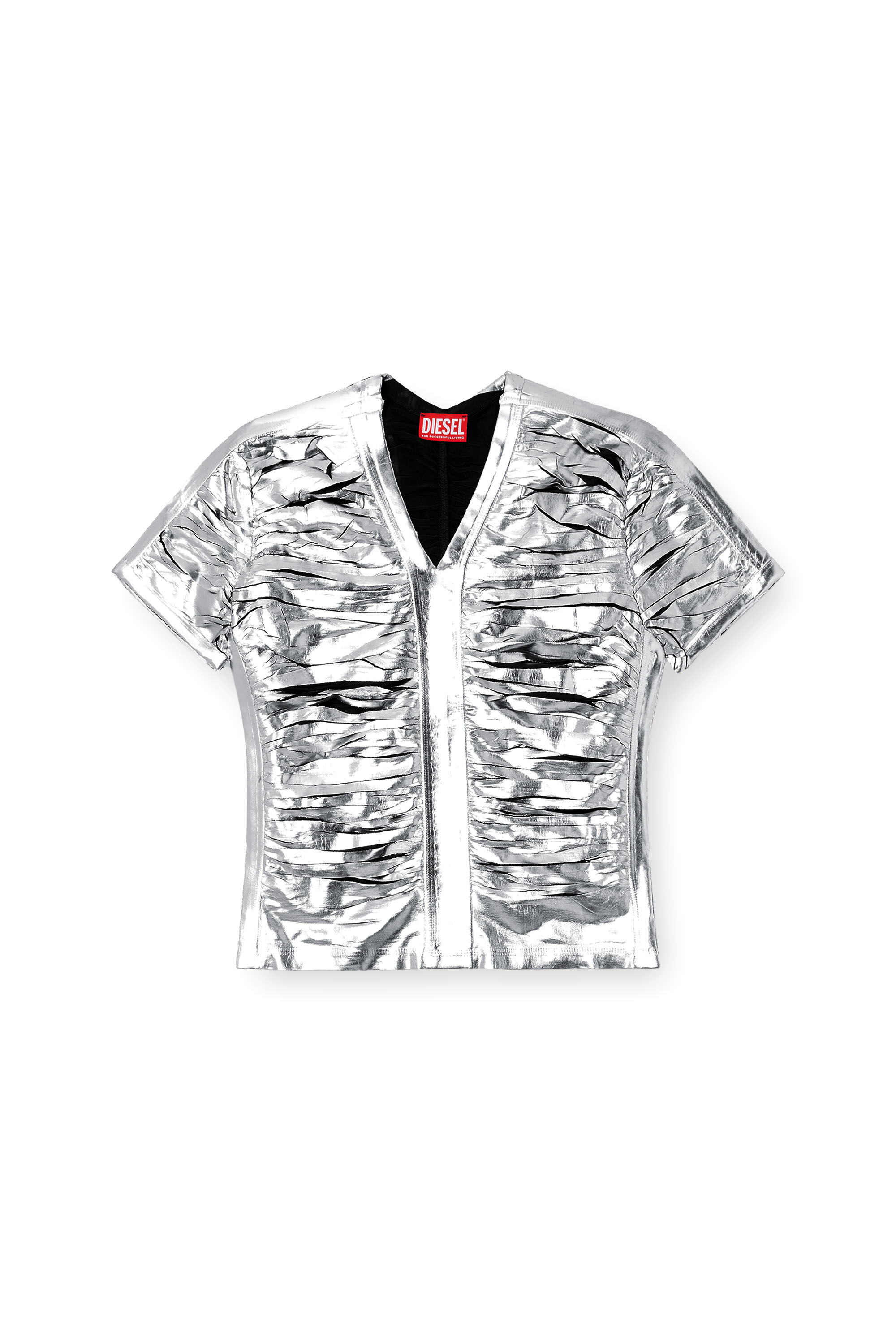 Diesel - T-AI, Damen Gerafftes T-Shirt in schmalem Fit in Silber/Blau - 2