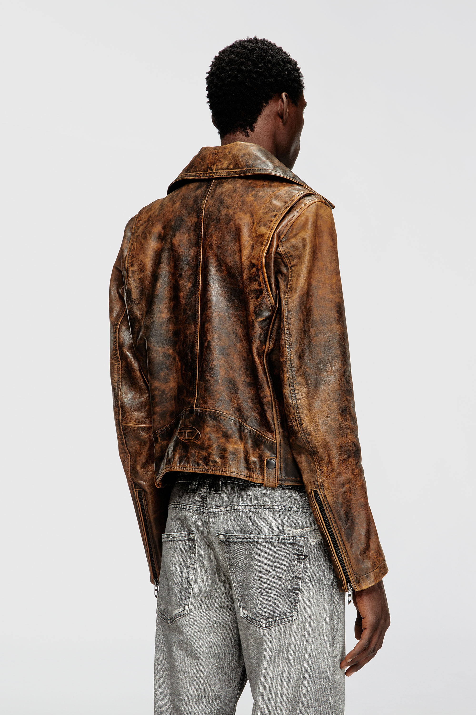 Diesel - L-EON, Herren Bikerjacke aus behandeltem Leder in Braun - 4