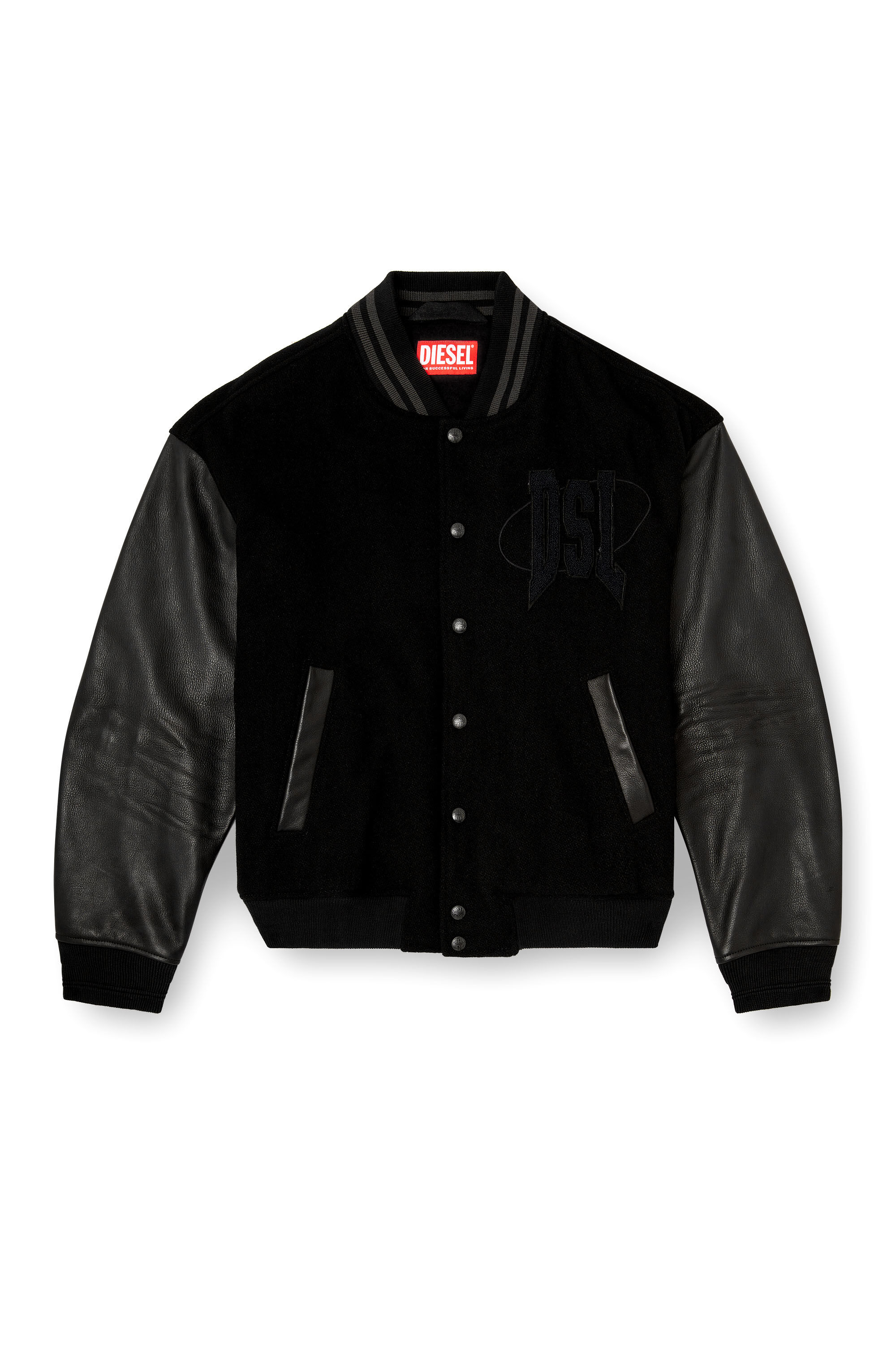 Diesel - L-NYMAN, Herren Varsity-Bomberjacke aus Baumwolle und Leder in Schwarz - 2