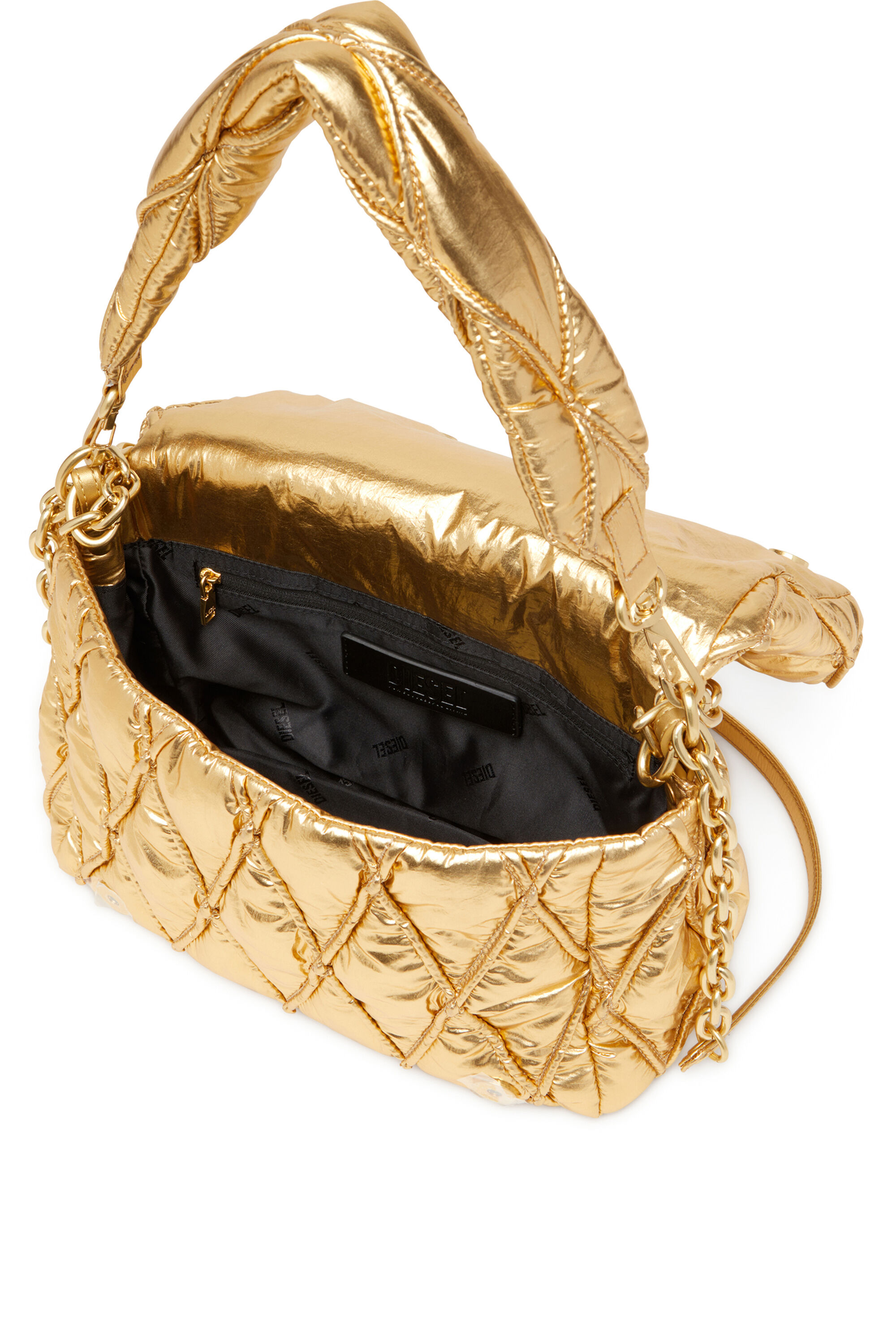 Diesel - CHARM-D SHOULDER M, Damen Schultertasche aus gestepptem Metallic-Nylon in Gold - 5
