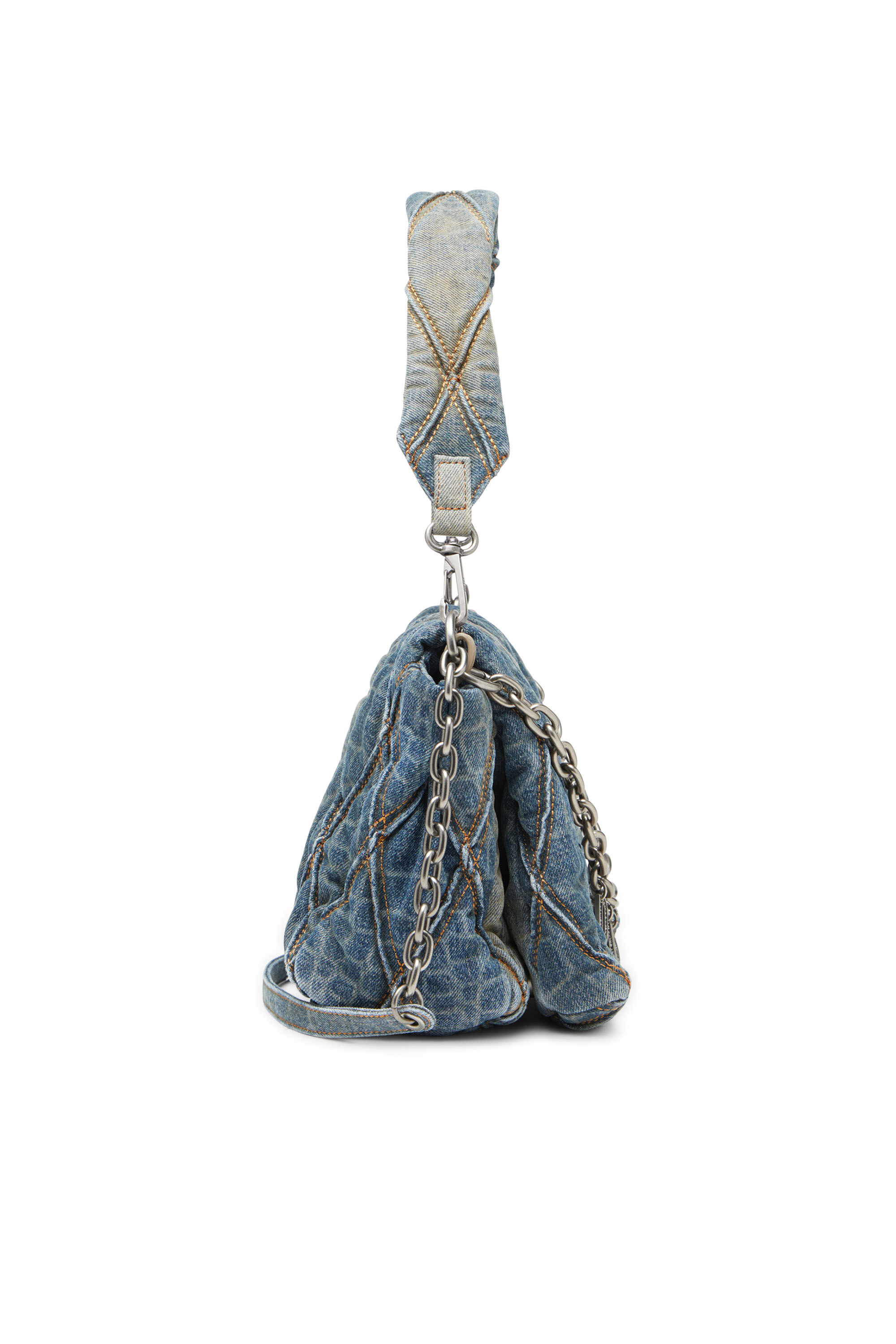 Diesel - CNY CHARM-D SHOULDER M, Damen Schultertasche aus gestepptem Denim mit Schlangen-Print in Blau - 4
