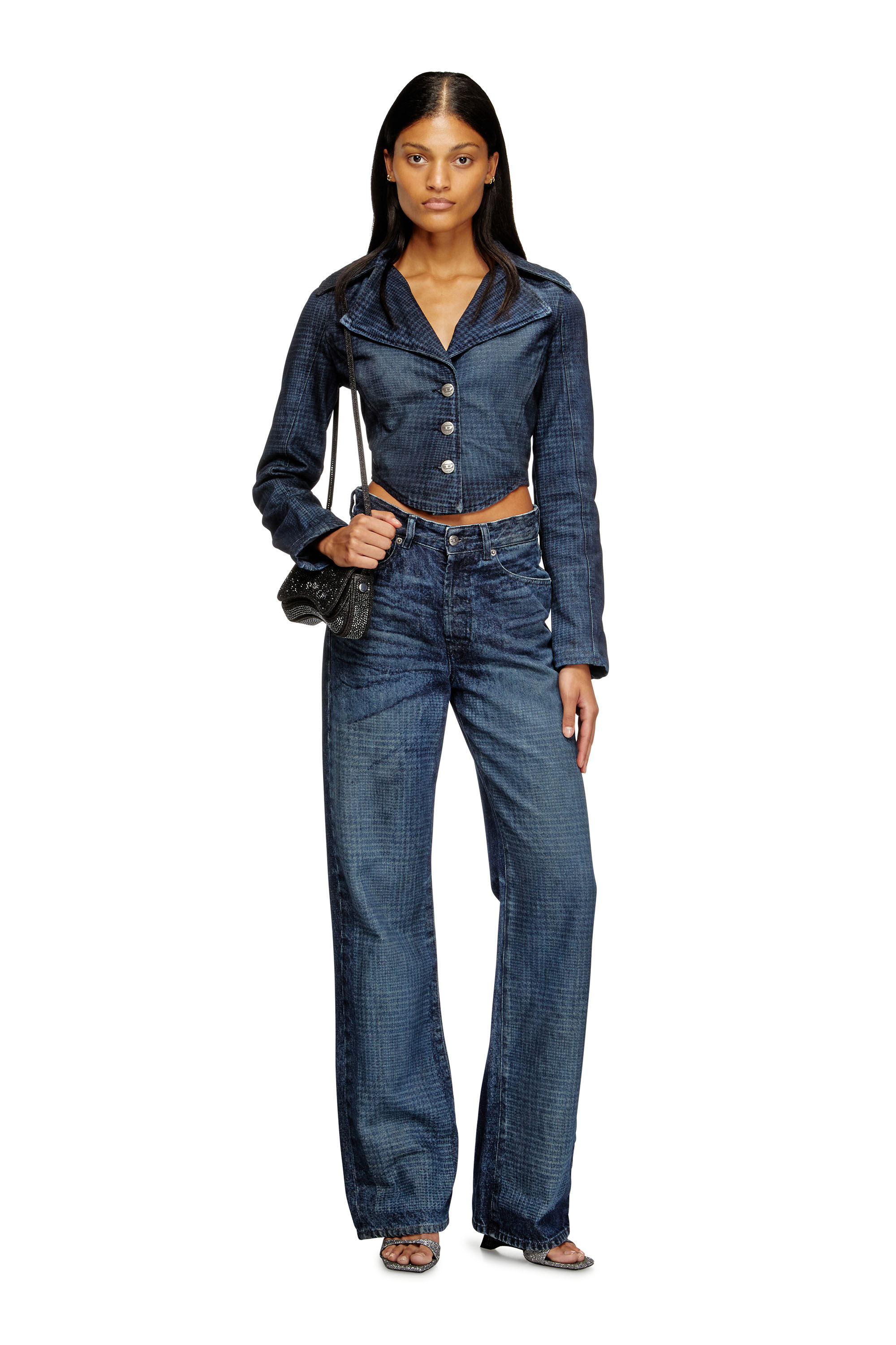 Diesel - DE-ALI-S, Damen Gekürzte Jacke in Prince-of-Wales-Denim in Dunkelblau - 1